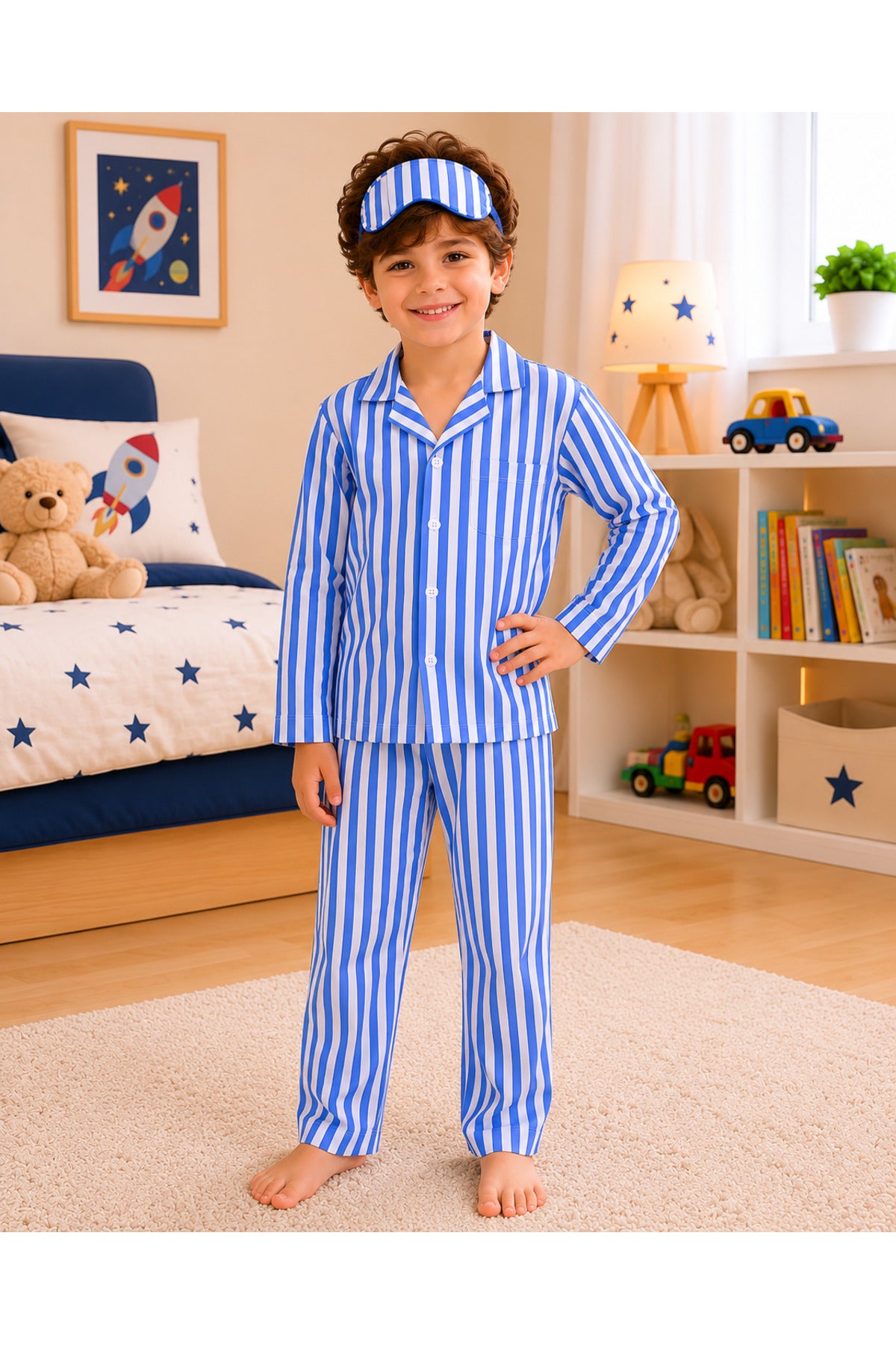 Erkek çocuk pamuklu yumuşacık süet uzun kollu düğmeli pijama takımı