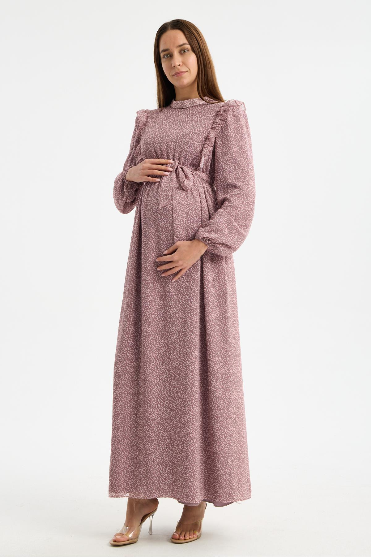 M0024-Hakim Yaka Mini Leopar Desen Hamile Maxi Şifon Elbise
