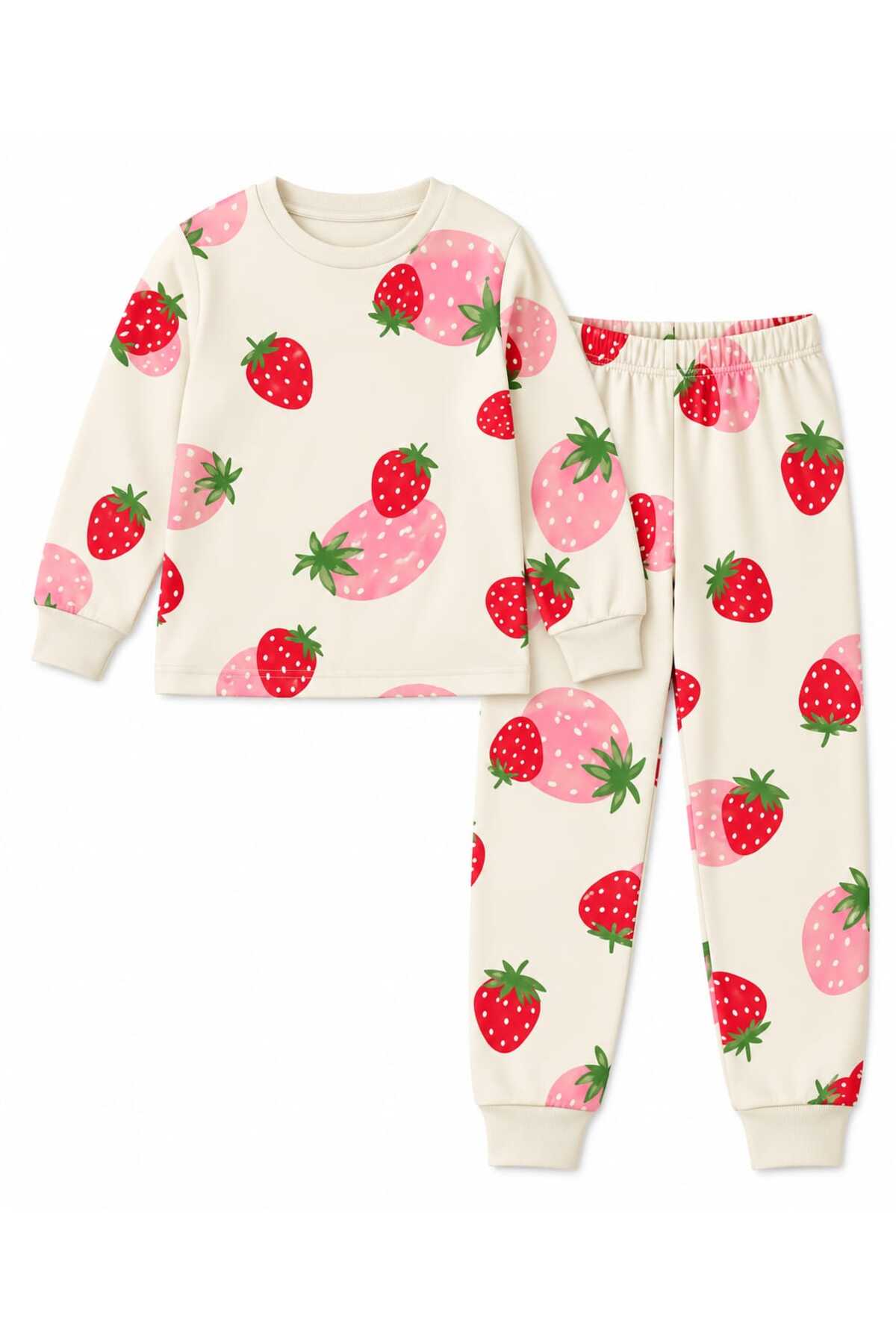 %100 pamuk kız çocuk çilek desenli uzun kollu pijama takımı