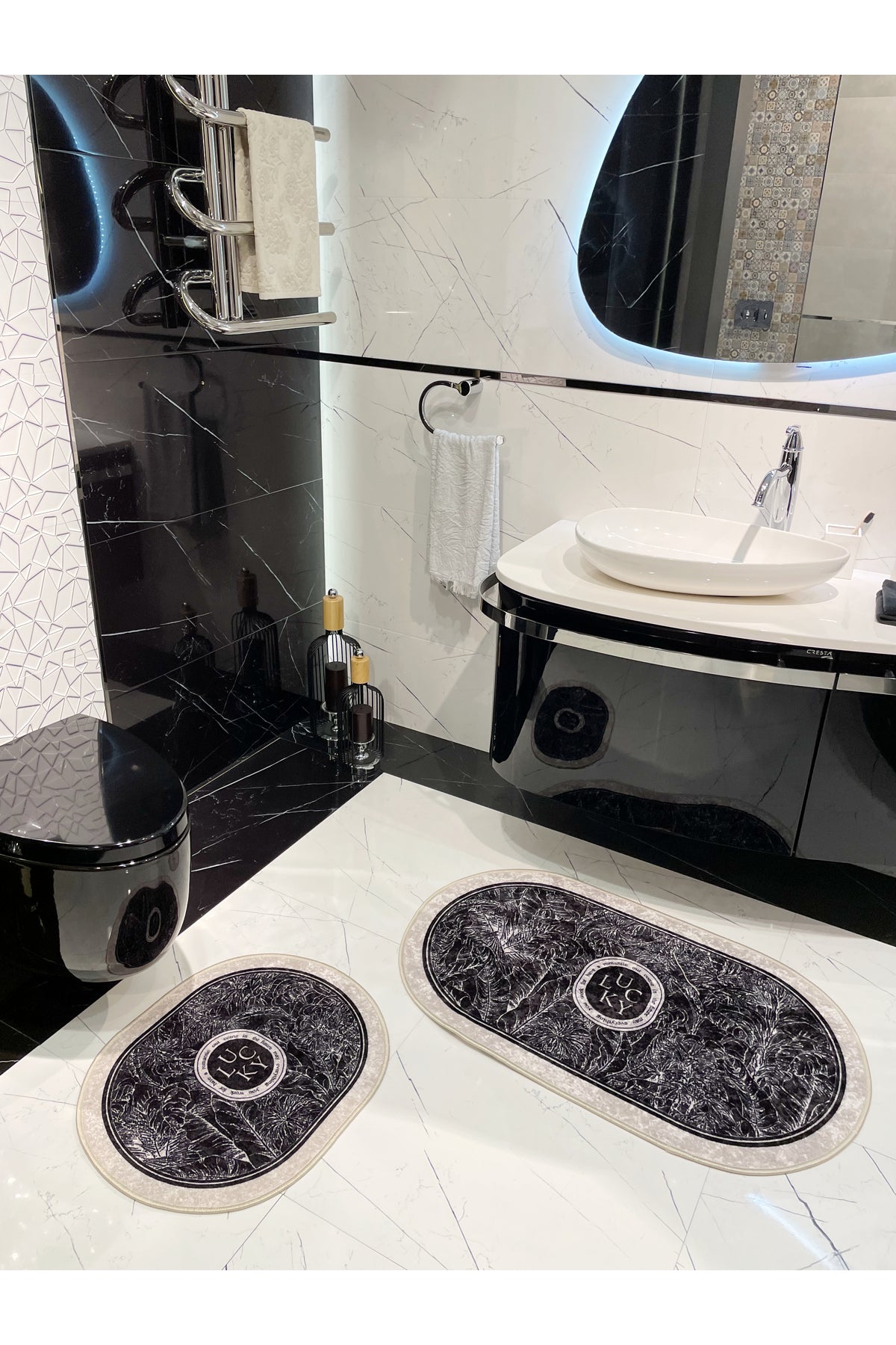 2 li Çiçek Desenli 60x100 - 60x50 Lucky Lateks Taban Banyo Paspas