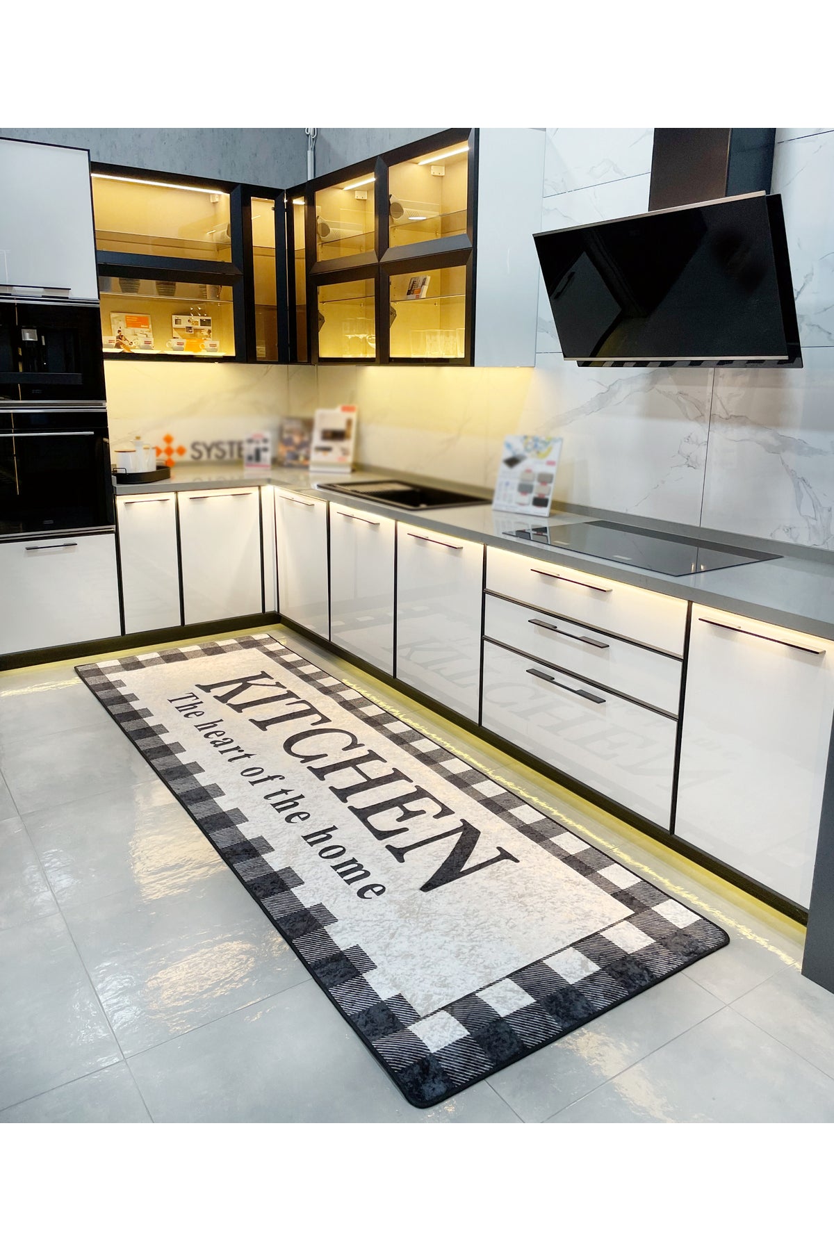 Bej Siyah Kitchen Lateks Deri Taban Mutfak Halısı