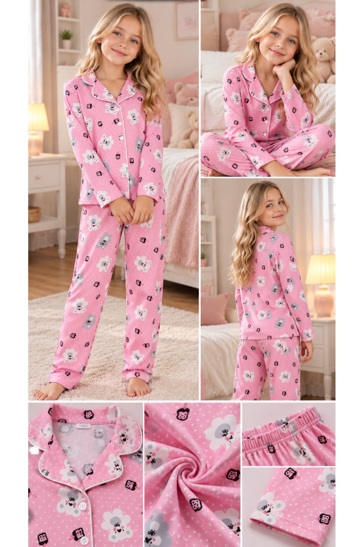 Kız çocuk pamuklu düğmeli uzun kollu pembe renk pijama takımı