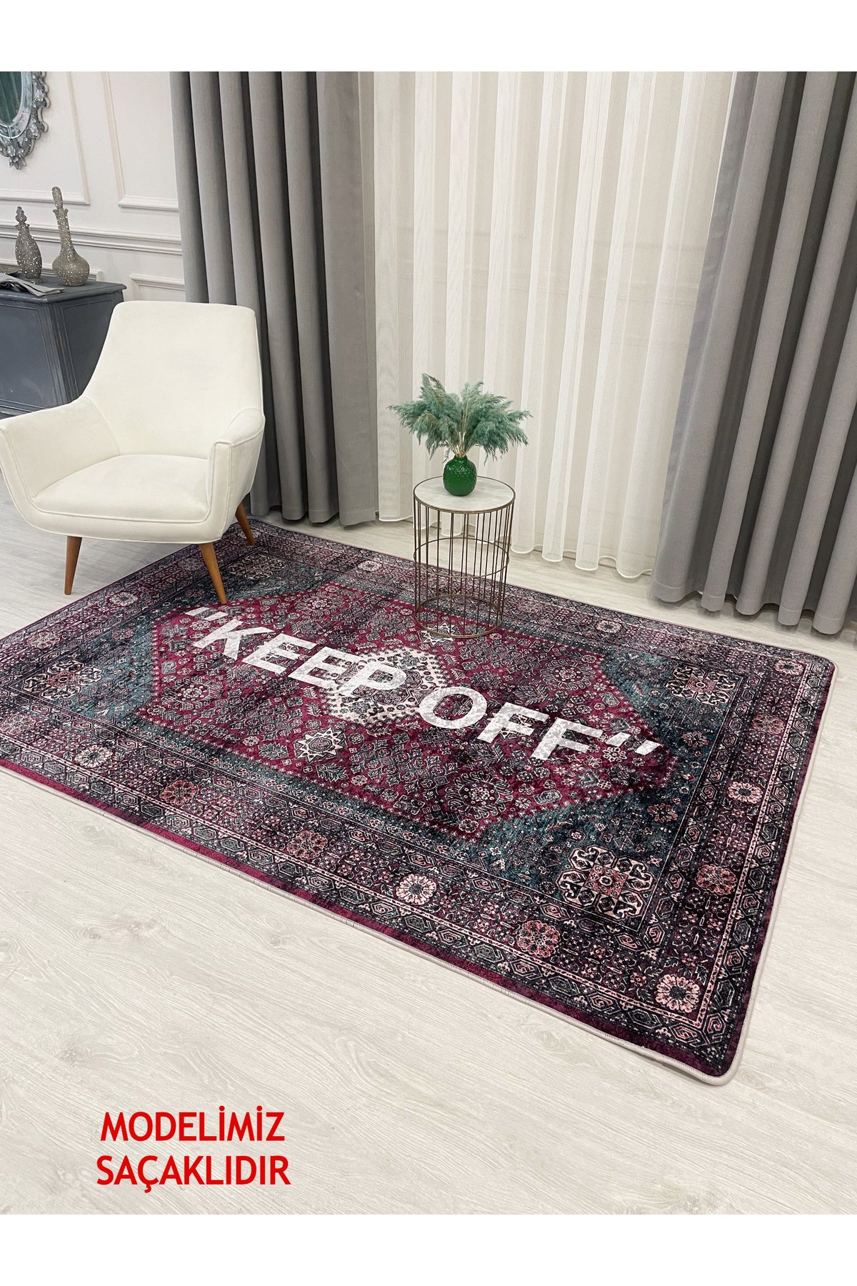 Pembe Renk Keep Off Saçaklı Lateks Taban Halı