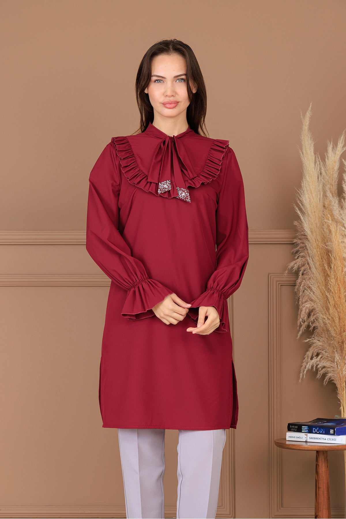 Azel Tesettür Tunik Pantolon İkili Takım, Taş Detaylı, Kravatlı, Yırtmaçlı