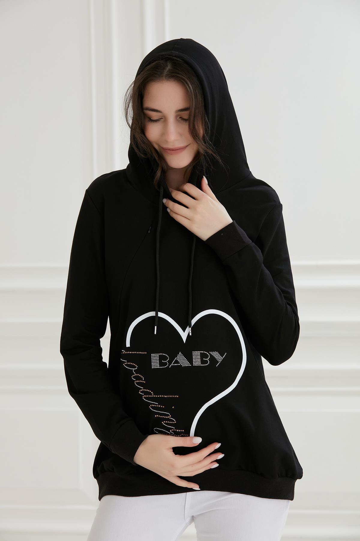 8626-taşlı Baskı Emzirme Detay Hamile Sweatshirt