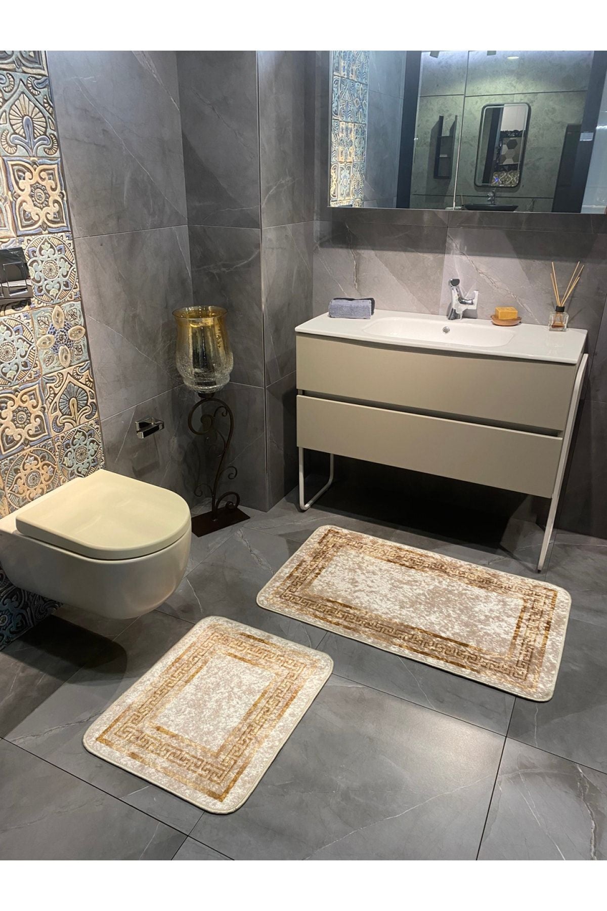 Bordürlü Desenli 2'li Lateks Deri Taban Banyo Paspas Takımı (60X100 - 60X50) Siyah