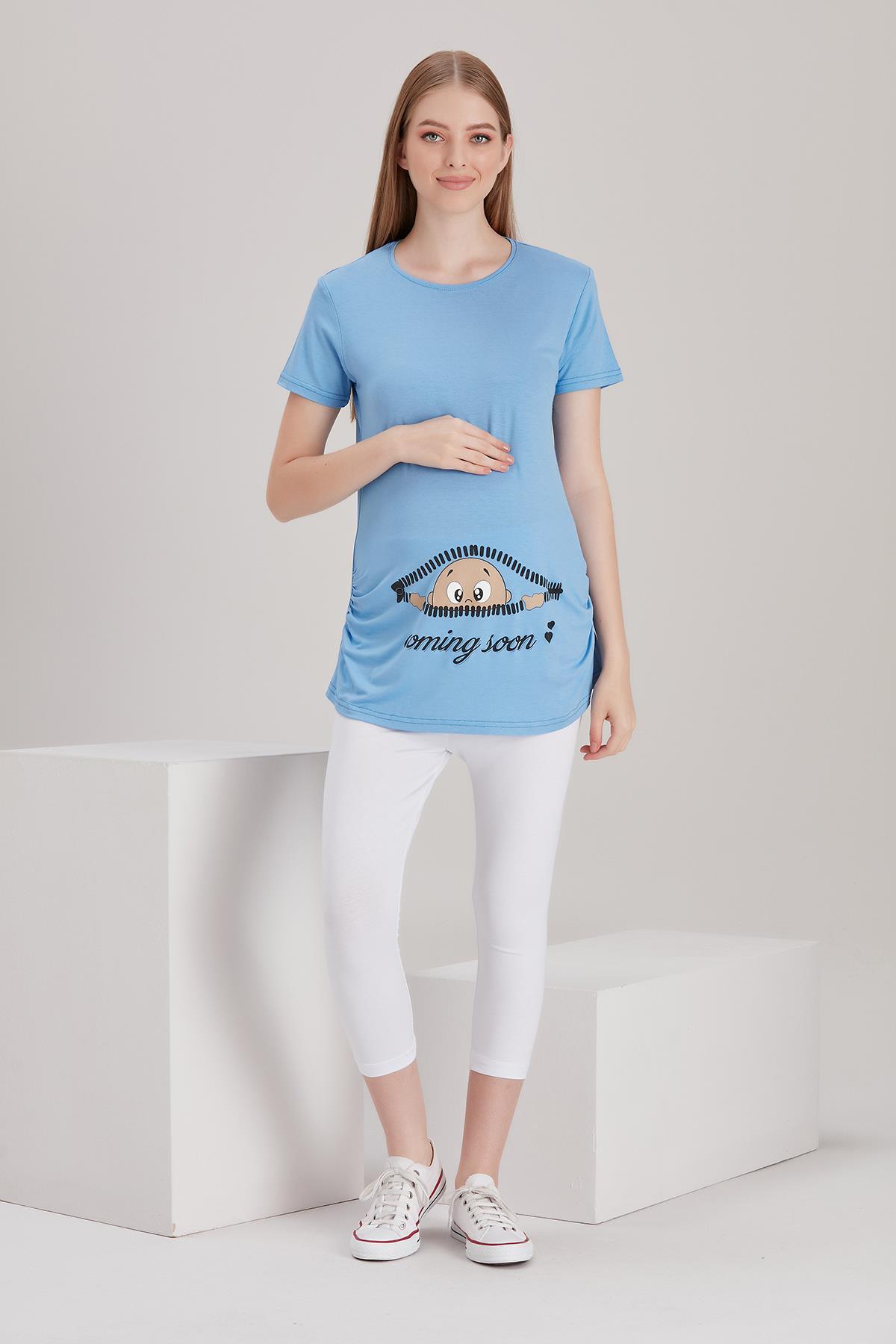 4473-fermuardan Bakan Bebek Viskon Hamile Kısa Kol T-shirt