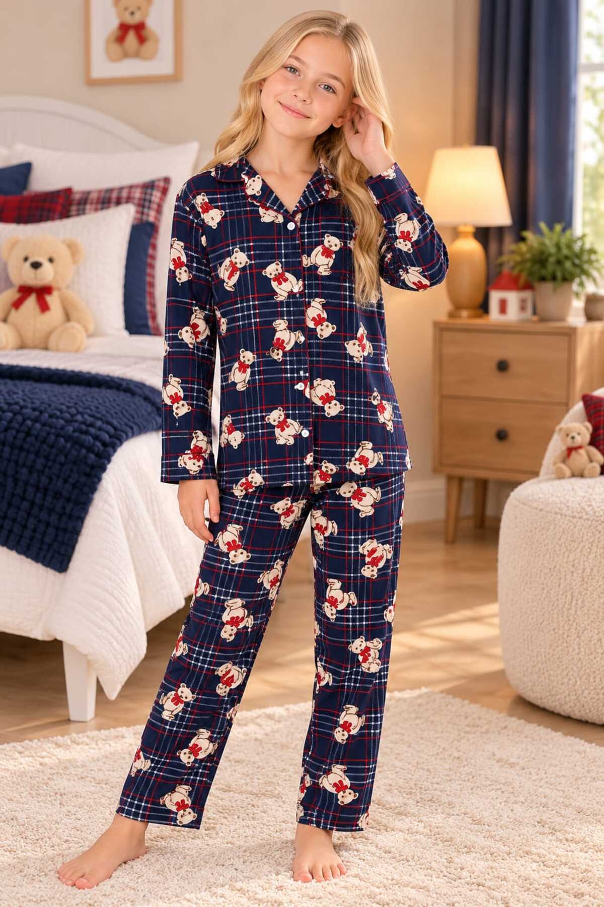 Kız çocuk pamuklu düğmeli süet gömlek yaka pijama takımı