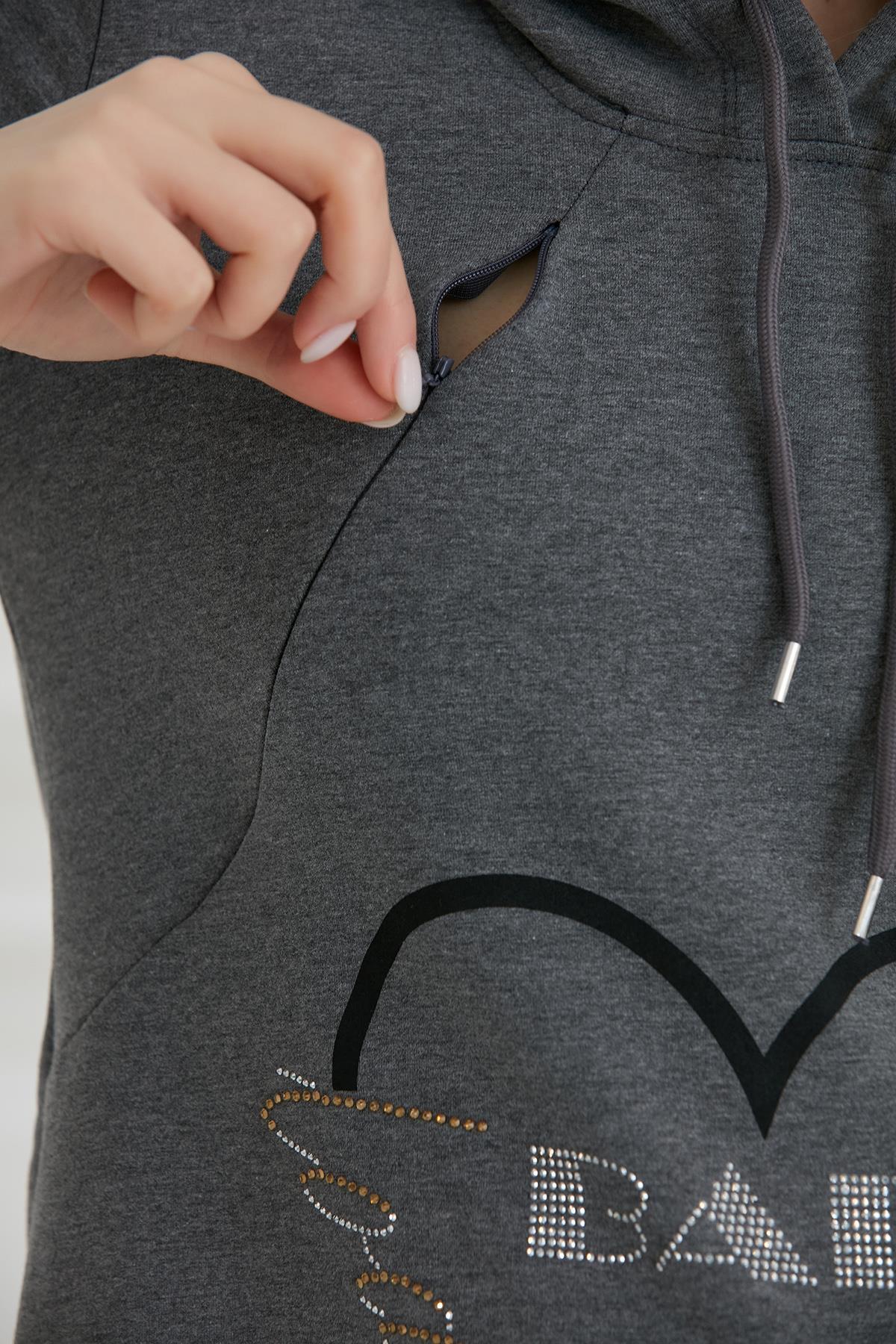 8626-taşlı Baskı Emzirme Detay Hamile Sweatshirt