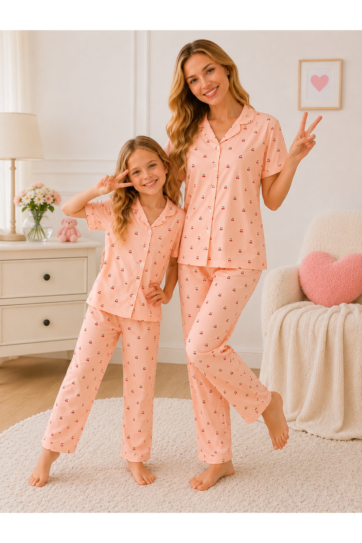 Anne kız pamuklu kiraz desenli yumuşacık yazlık kısa kollu pijama takımı ( tek takım fiyatıdır)