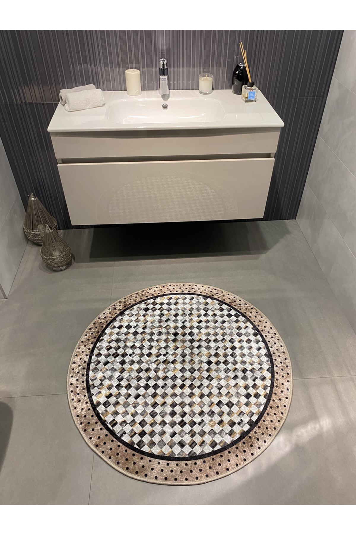 Robert Mavi Dama Desen Saçaksız Yuvarlak Banyo Paspası - Mavi Ebat 100x100