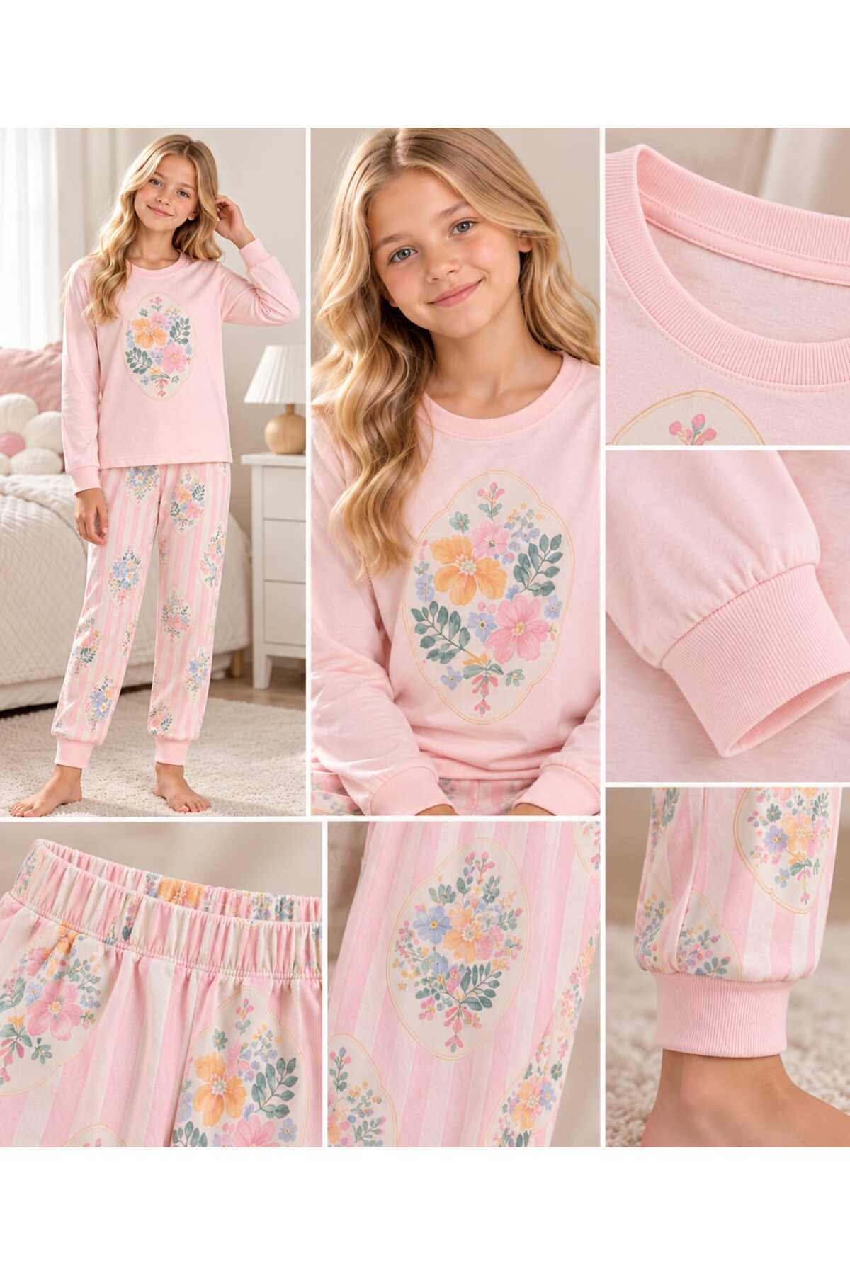 Kız çocuk %100 pamuklu özel tasarım çiçek desenli pijama takımı