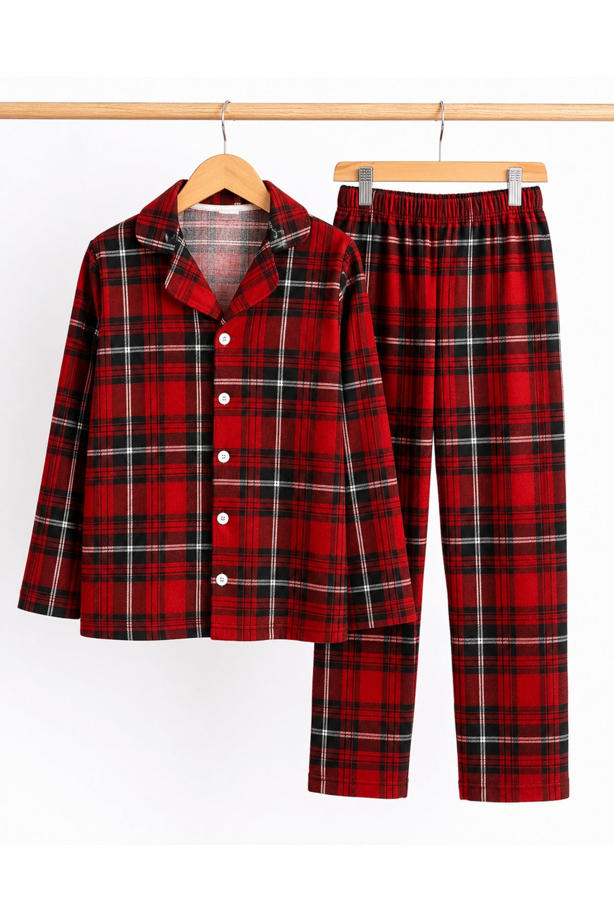 Kız ve erkek çocuk unisex model ekose desenli düğmeli süet uzun kollu pijama takımı
