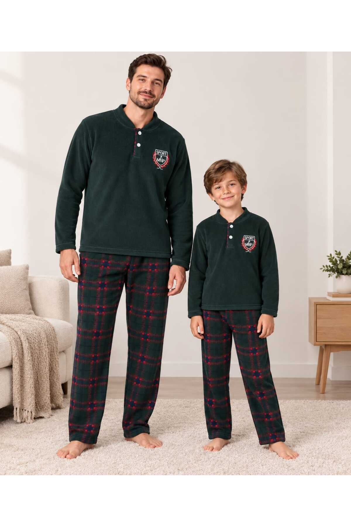 Baba ve erkek çocuk kombin pamuklu polar kışlık uzun kollu pijama takımı (tek takım fiyatıdır)