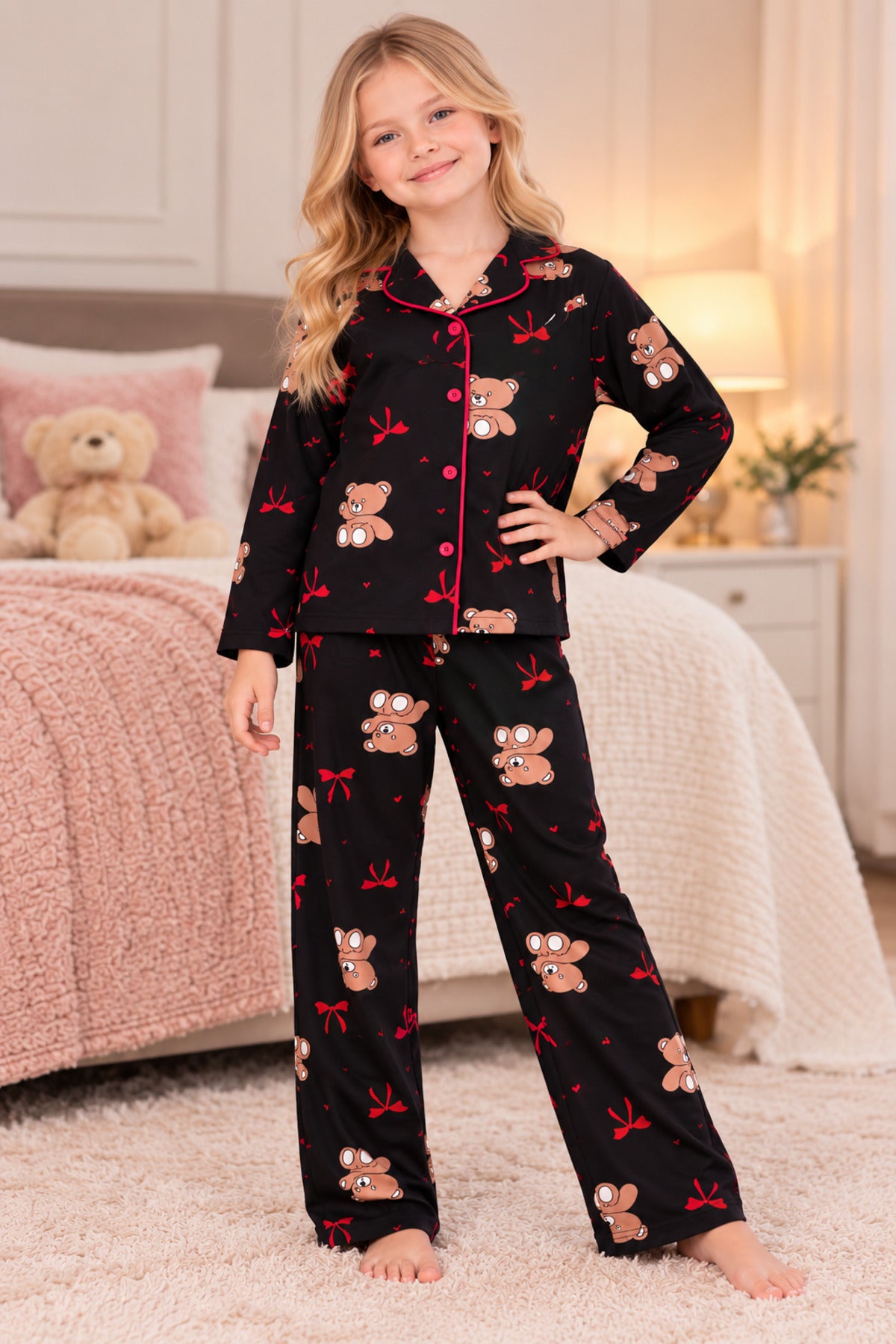 Kız çocuk pamuklu siyah ayıcık kurdela desenli düğmeli uzun kollu süet pijama takımı