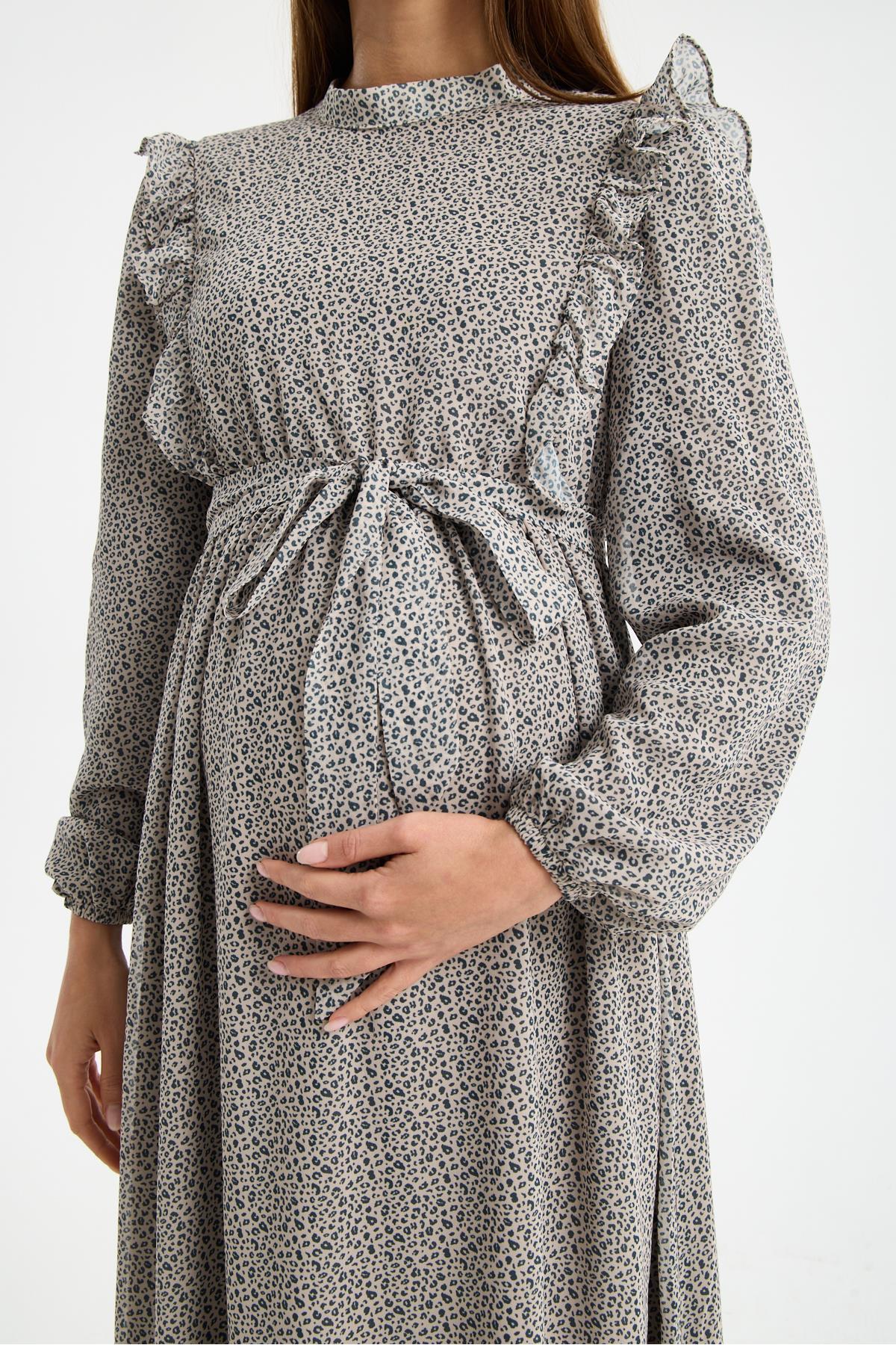 M0024-Hakim Yaka Mini Leopar Desen Hamile Maxi Şifon Elbise