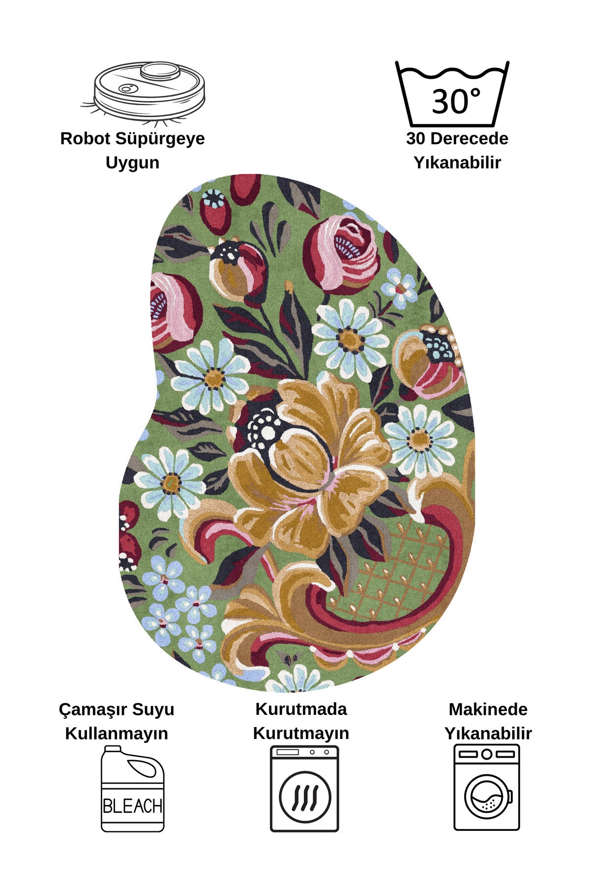 Yeşil Çiçek Desenli Floral Lateks Taban Halı