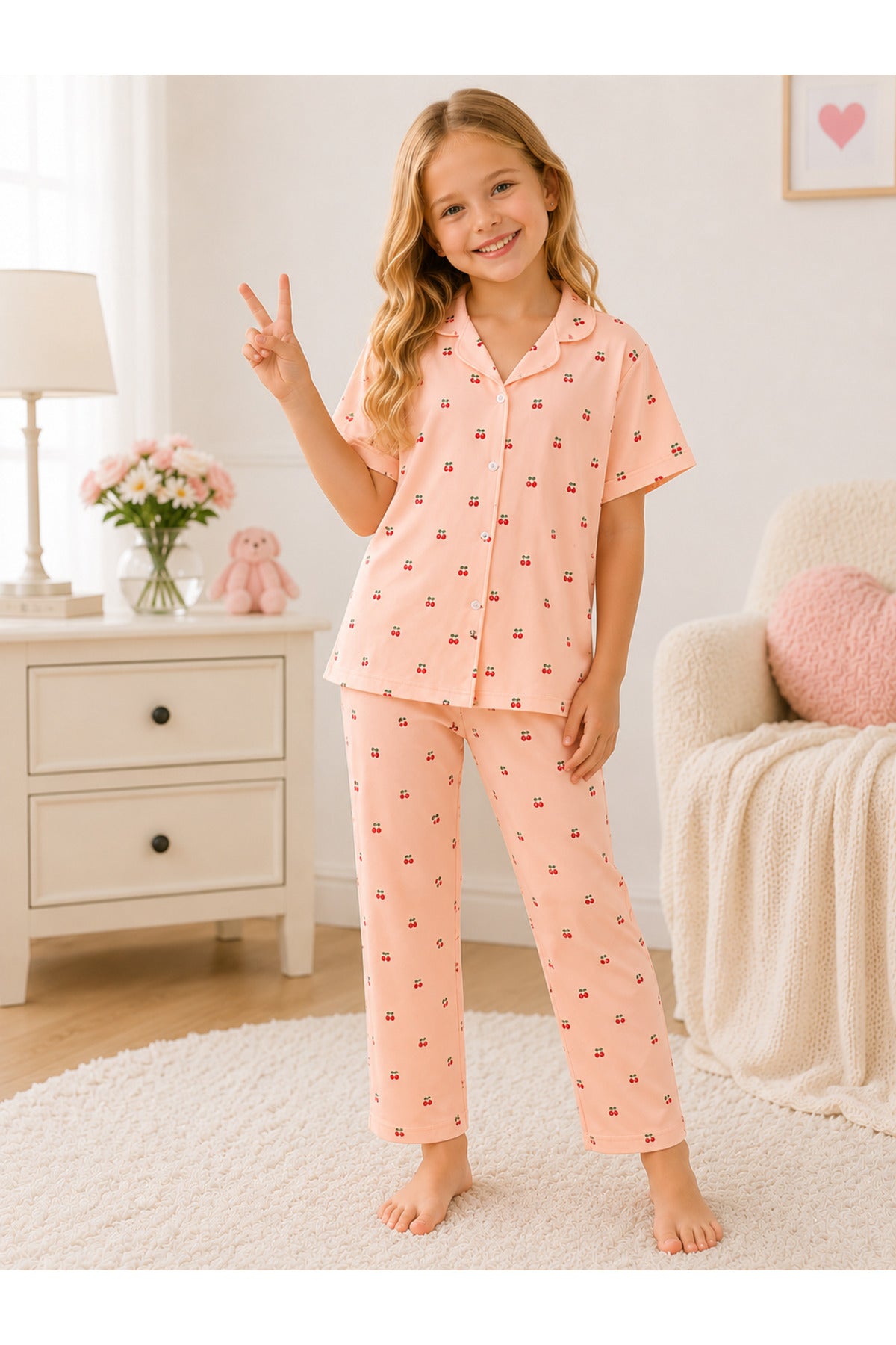 Kız çocuk kiraz desenli düğmeli gömlek yaka yazlık kısa kollu pijama takımı
