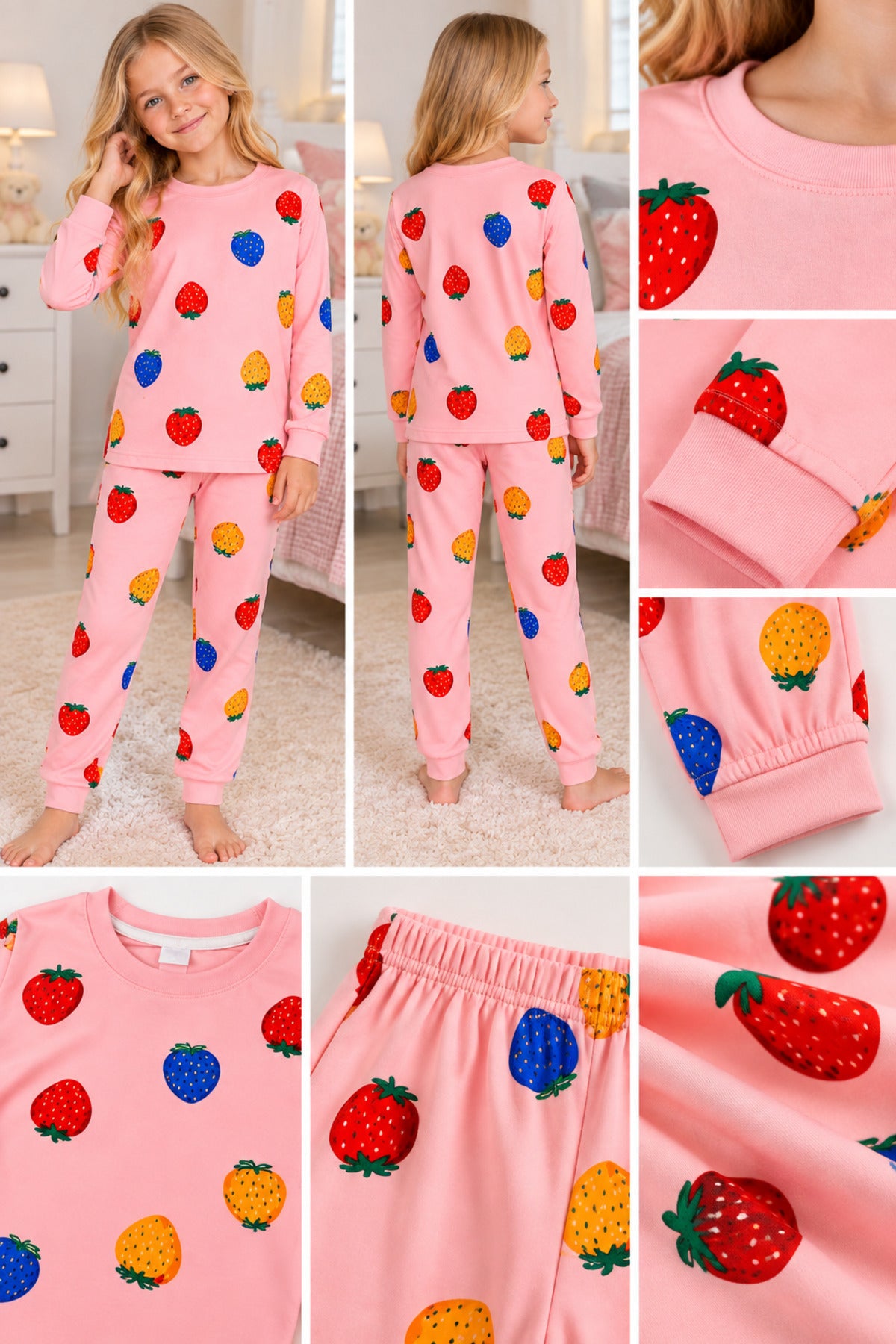 Kız çocuk %100 pamuklu renkli çilek desenli Pembe uzun kollu pijama takımı