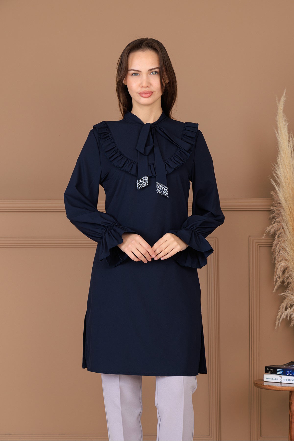 Azel Tesettür Tunik Pantolon İkili Takım, Taş Detaylı, Kravatlı, Yırtmaçlı