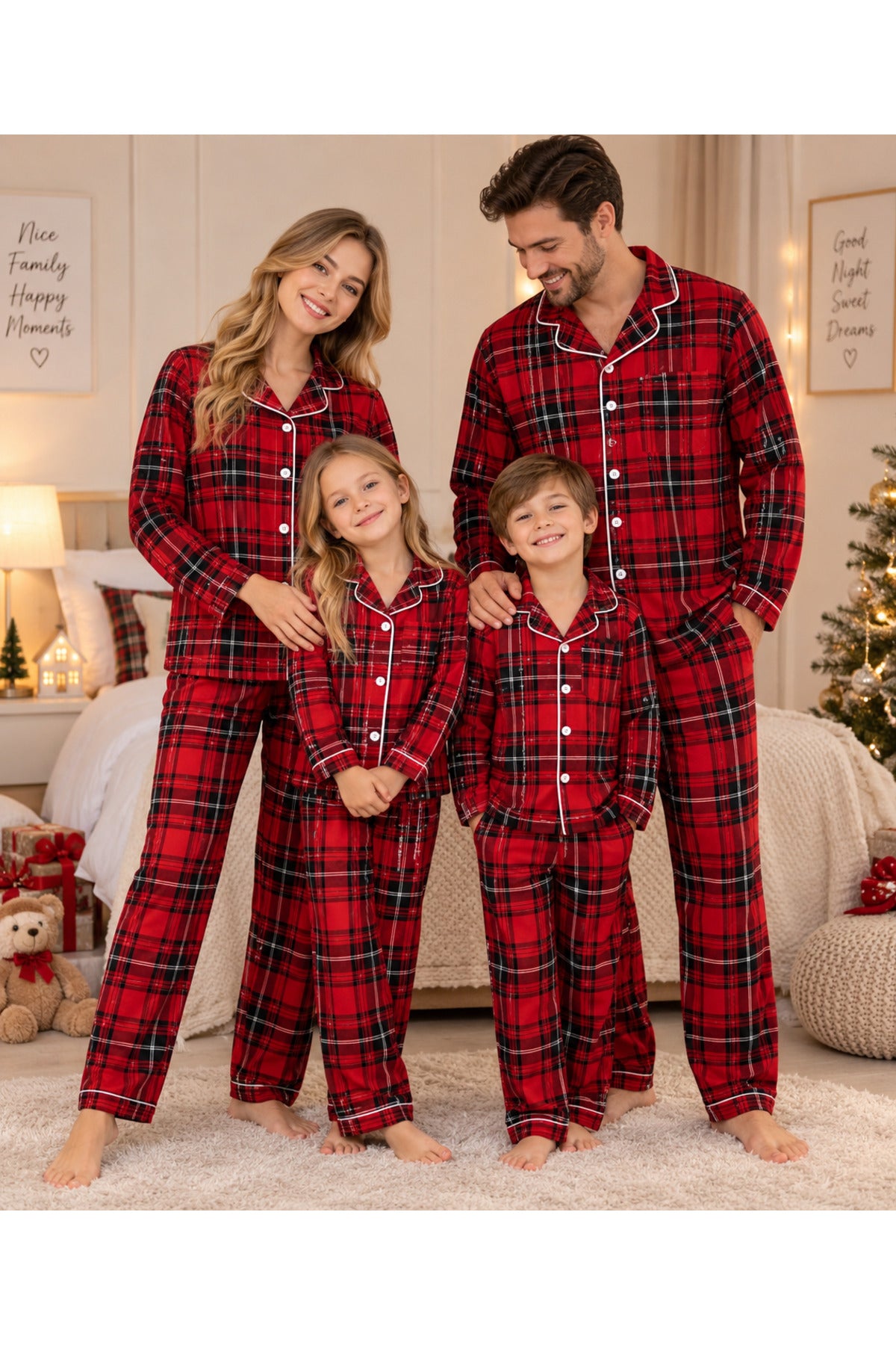 Baba oğul anne kız aile kombini Pamuklu uzun kollu düğmeli pijama takımı ( tek takım fiyatıdır)