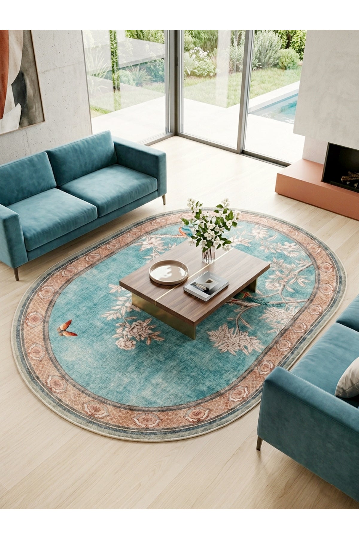 Soft Mavi Kuş Desenli Lateks Taban Oval Halı