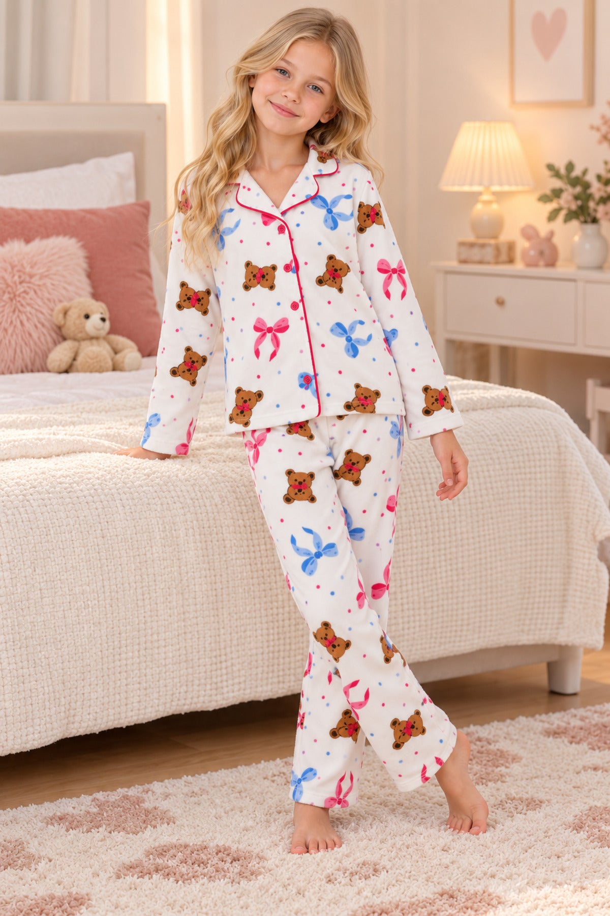 Kız çocuk pamuklu düğmeli uzun kollu pijama takımı