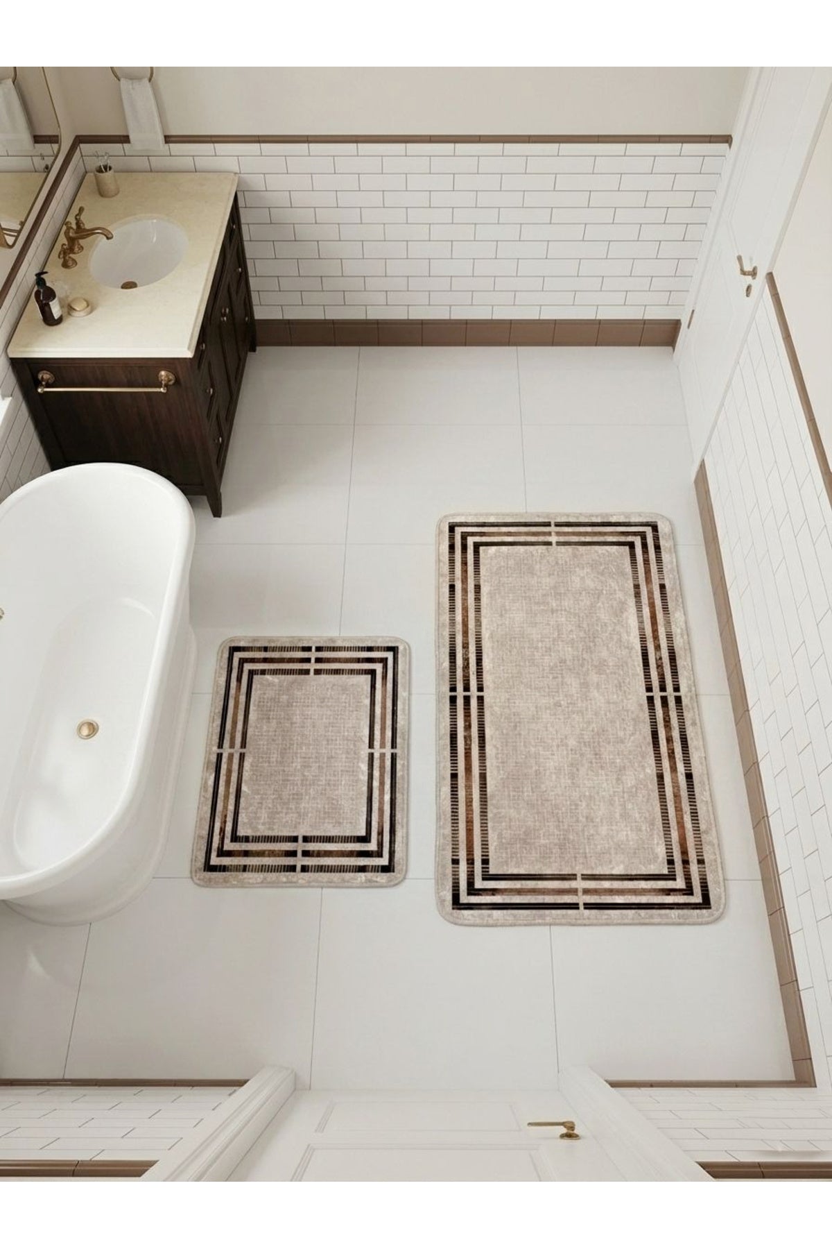 Bej Renk Çizgi Desenli 2 li Deri Taban Banyo Paspas (60x100 - 60x50)
