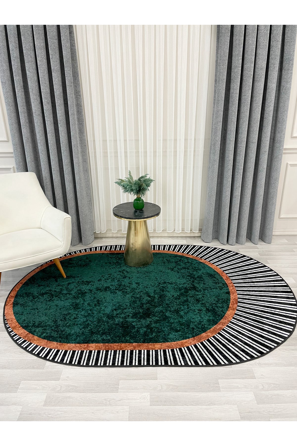 YEŞİL Renk Çizgili Oval Kaymaz Taban Halı