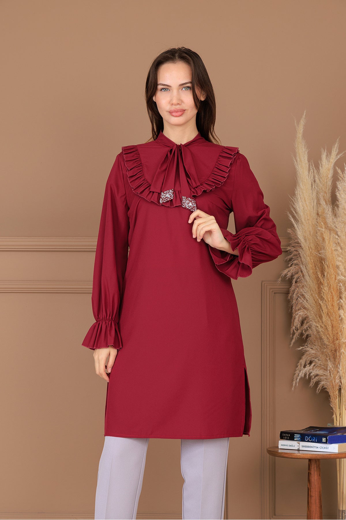 Azel Tesettür Tunik Pantolon İkili Takım, Taş Detaylı, Kravatlı, Yırtmaçlı