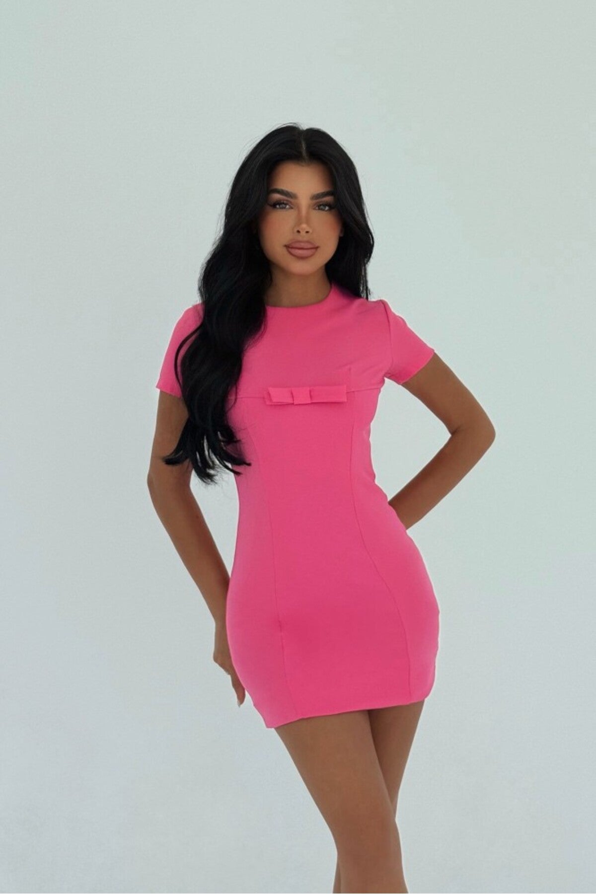 Fuşya Ynise Fiyonk Detaylı Mini Elbise ATE-3014