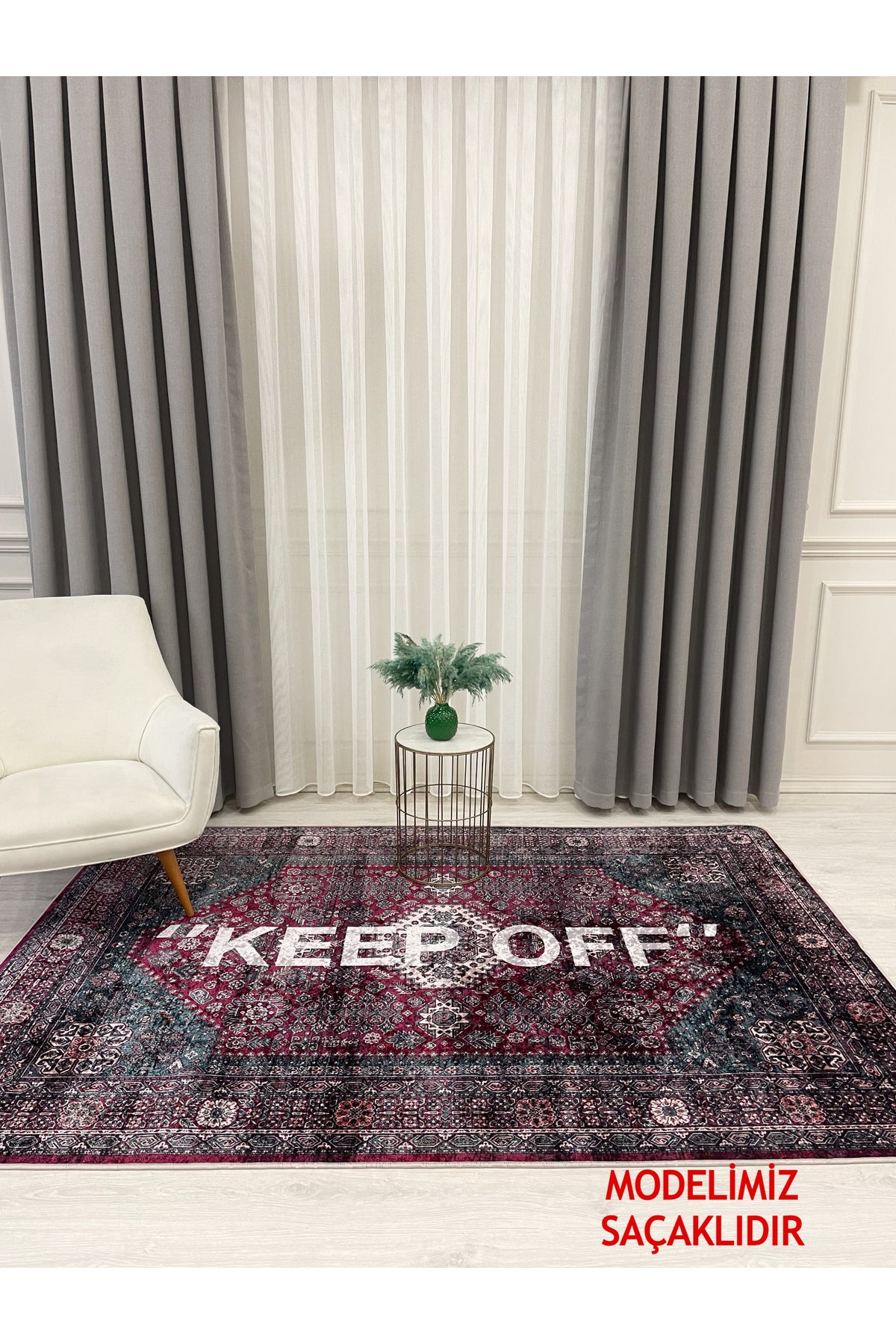 Pembe Renk Keep Off Saçaklı Lateks Taban Halı