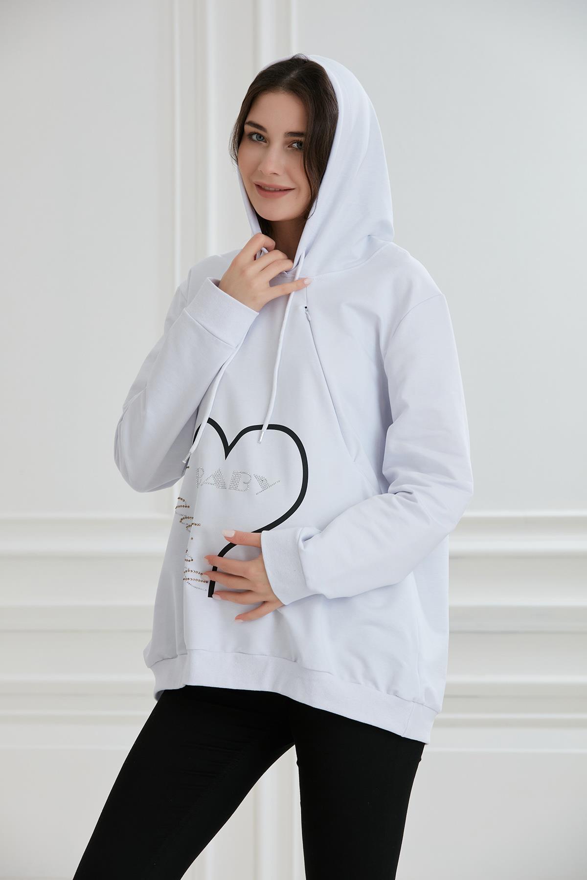8626-taşlı Baskı Emzirme Detay Hamile Sweatshirt