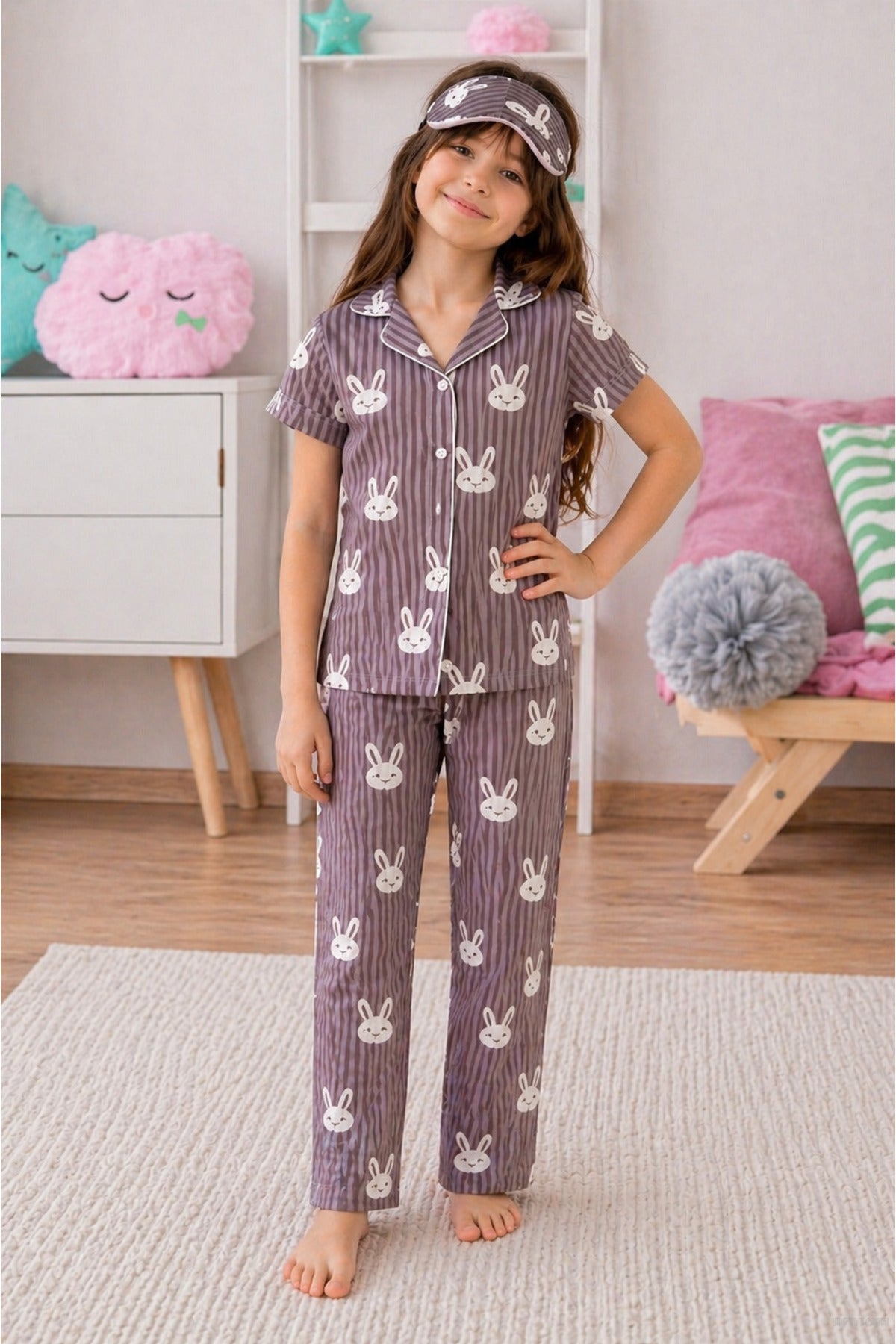 Kız çocuk pamuklu düğmeli yazlık kısa kollu pijama takımı uyku bantlı
