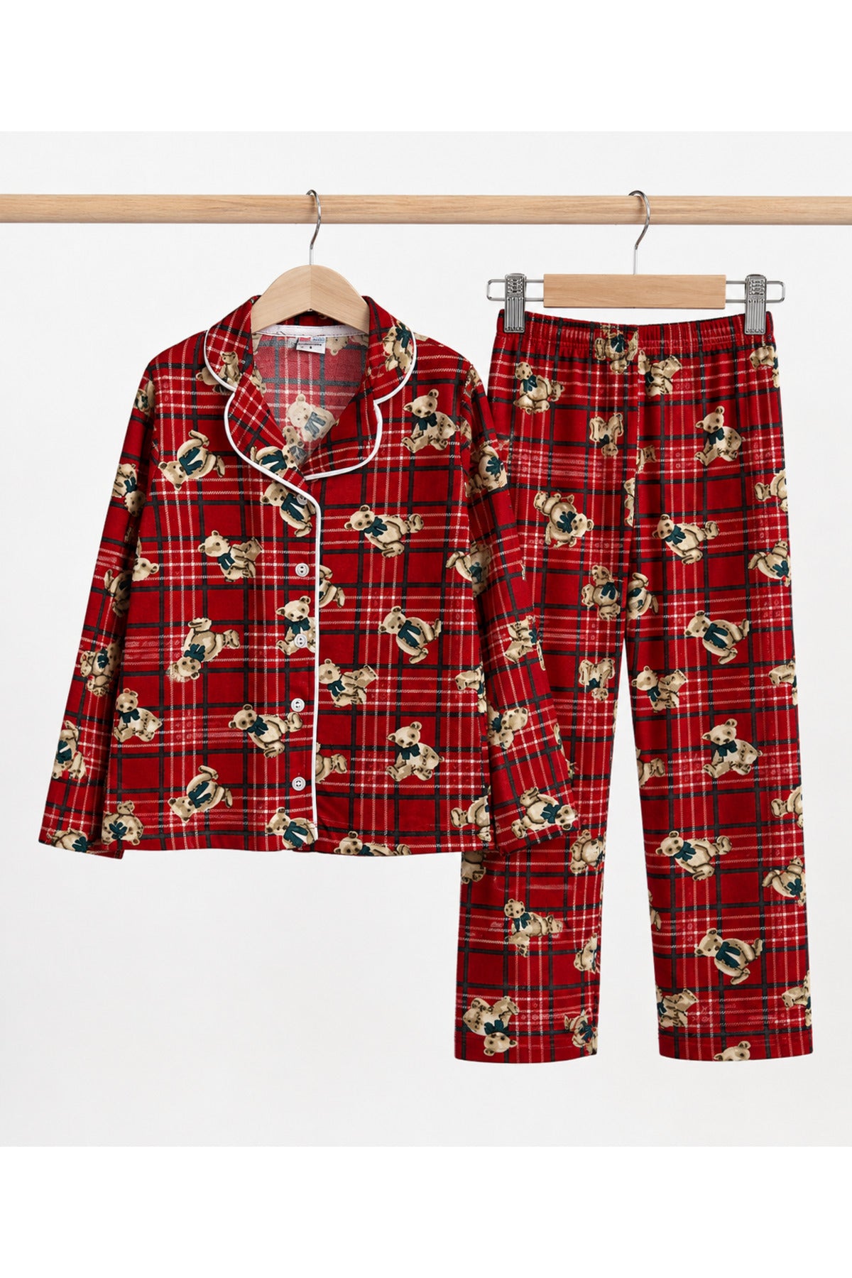 Kız çocuk pamuklu uzun kollu ayıcık desenli kırmızı süet Düğmeli pijama takımı