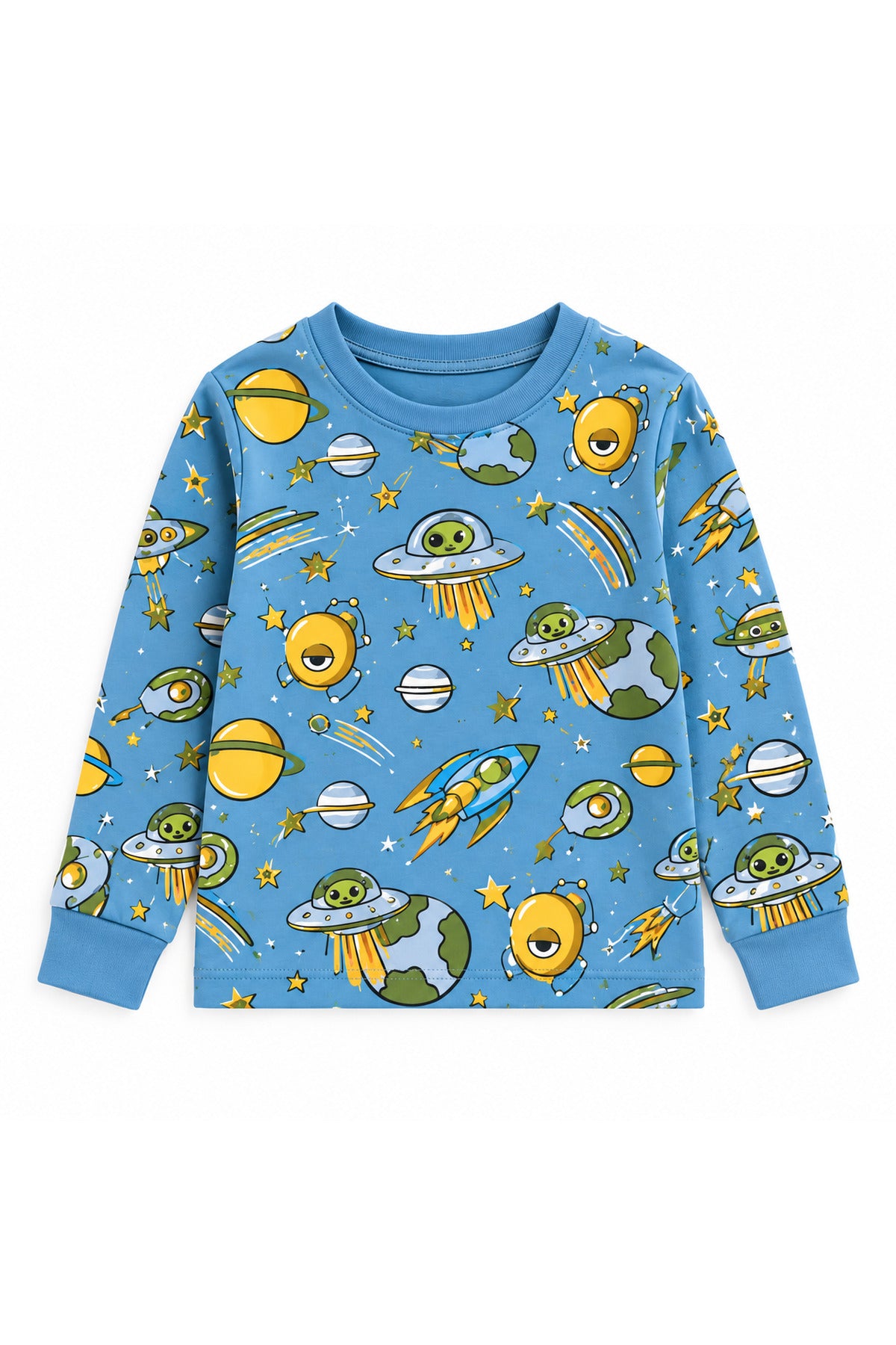 Erkek çocuk %100 pamuklu elmas kids mavi uzay gezegen desenli uzun kollu pijama takımı