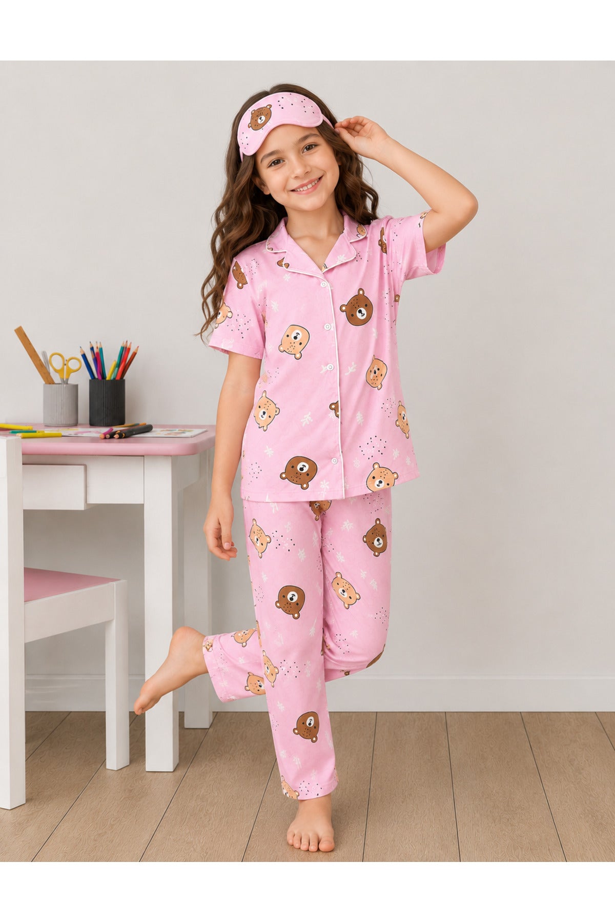 Kız çocuk Pamuklu yumuşak yazlık kısa kollu düğmeli pijama takımı