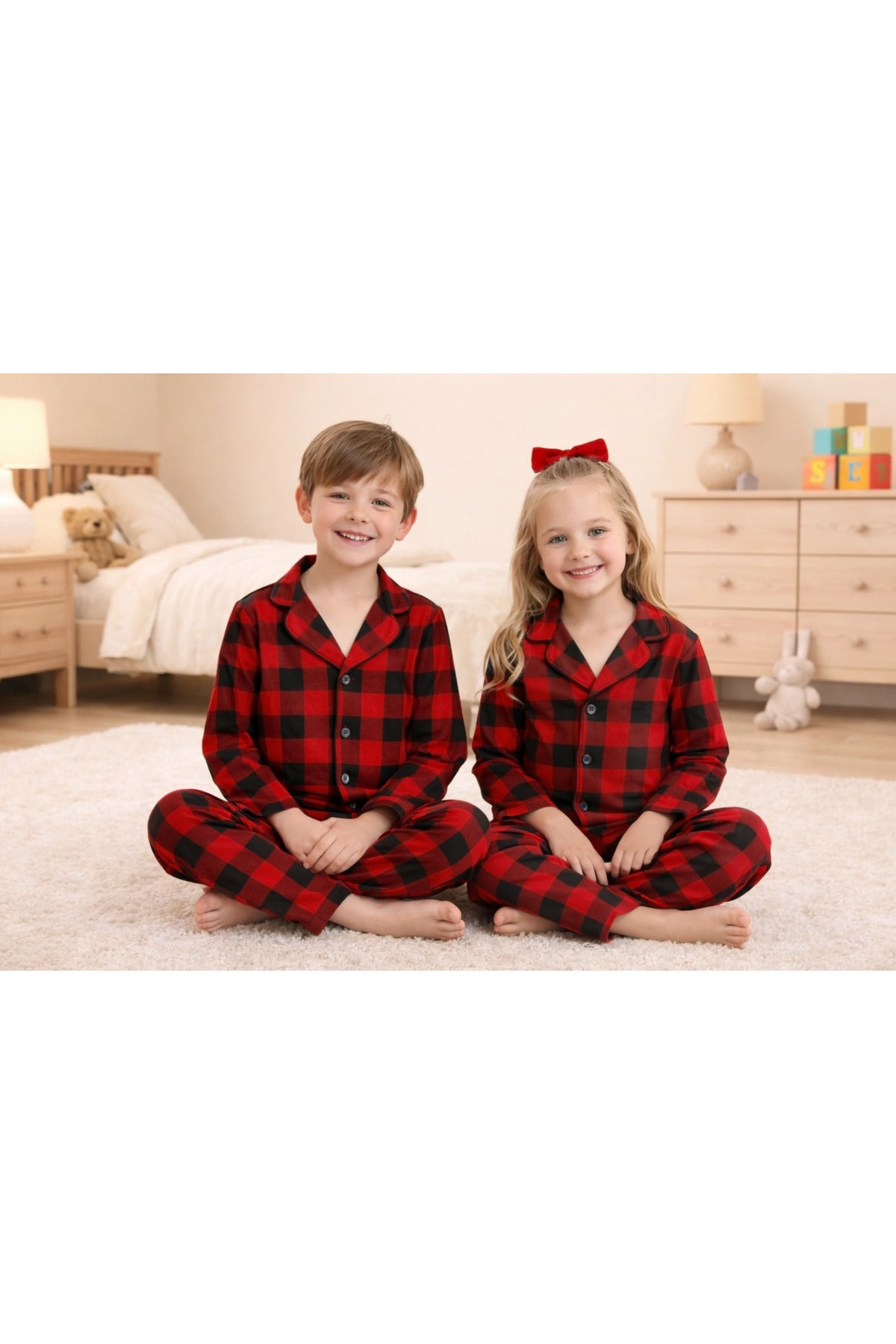 Erkek ve kız çocuk unisex model pamuklu düğmeli süet pijama takımı
