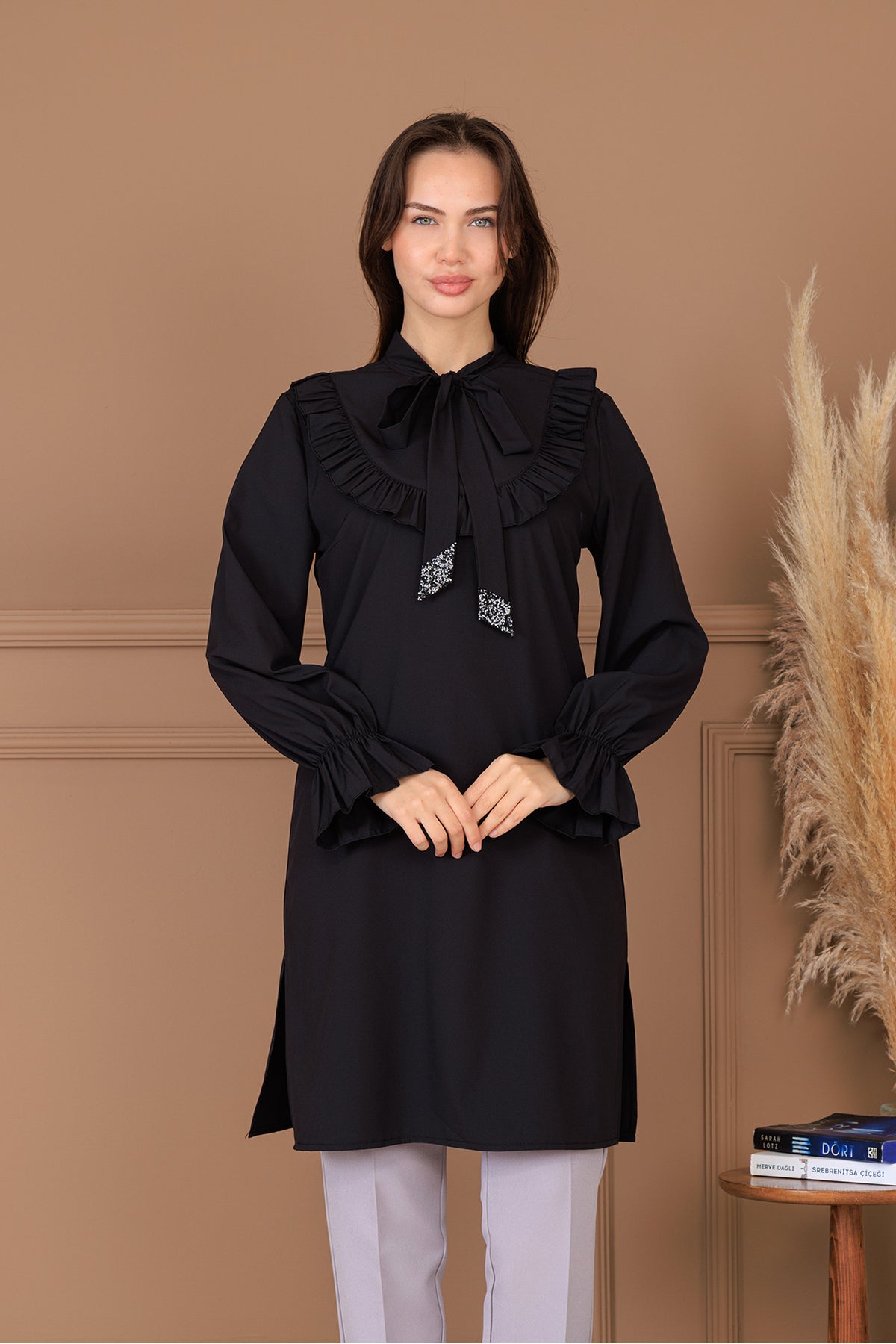 Azel Tesettür Tunik Pantolon İkili Takım, Taş Detaylı, Kravatlı, Yırtmaçlı