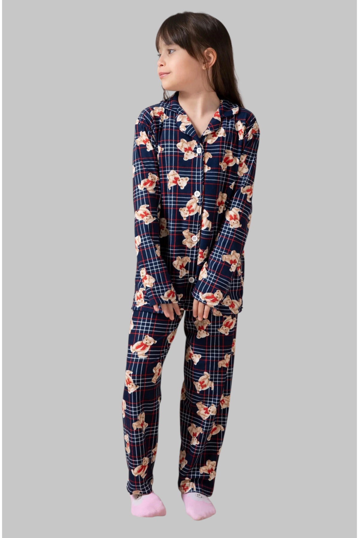 Kız çocuk pamuklu düğmeli pijama takımı
