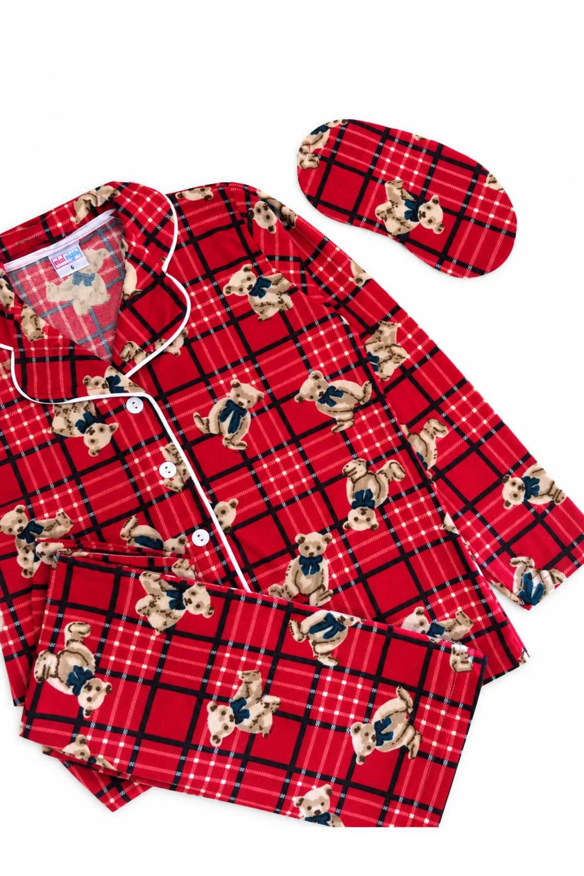 Kız çocuk pamuklu uzun kollu düğmeli ayıcık desenli süet pijama takımı
