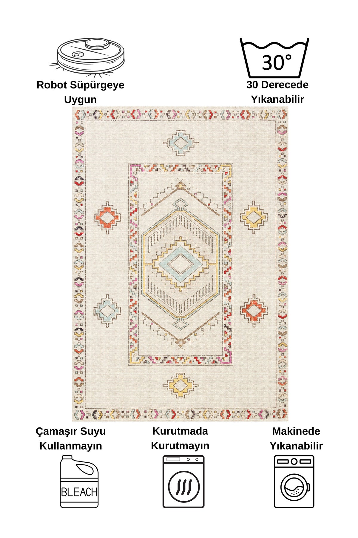 BEJ Renk Etnik Kilim Desen Yolluk Kaymaz Taban Halı