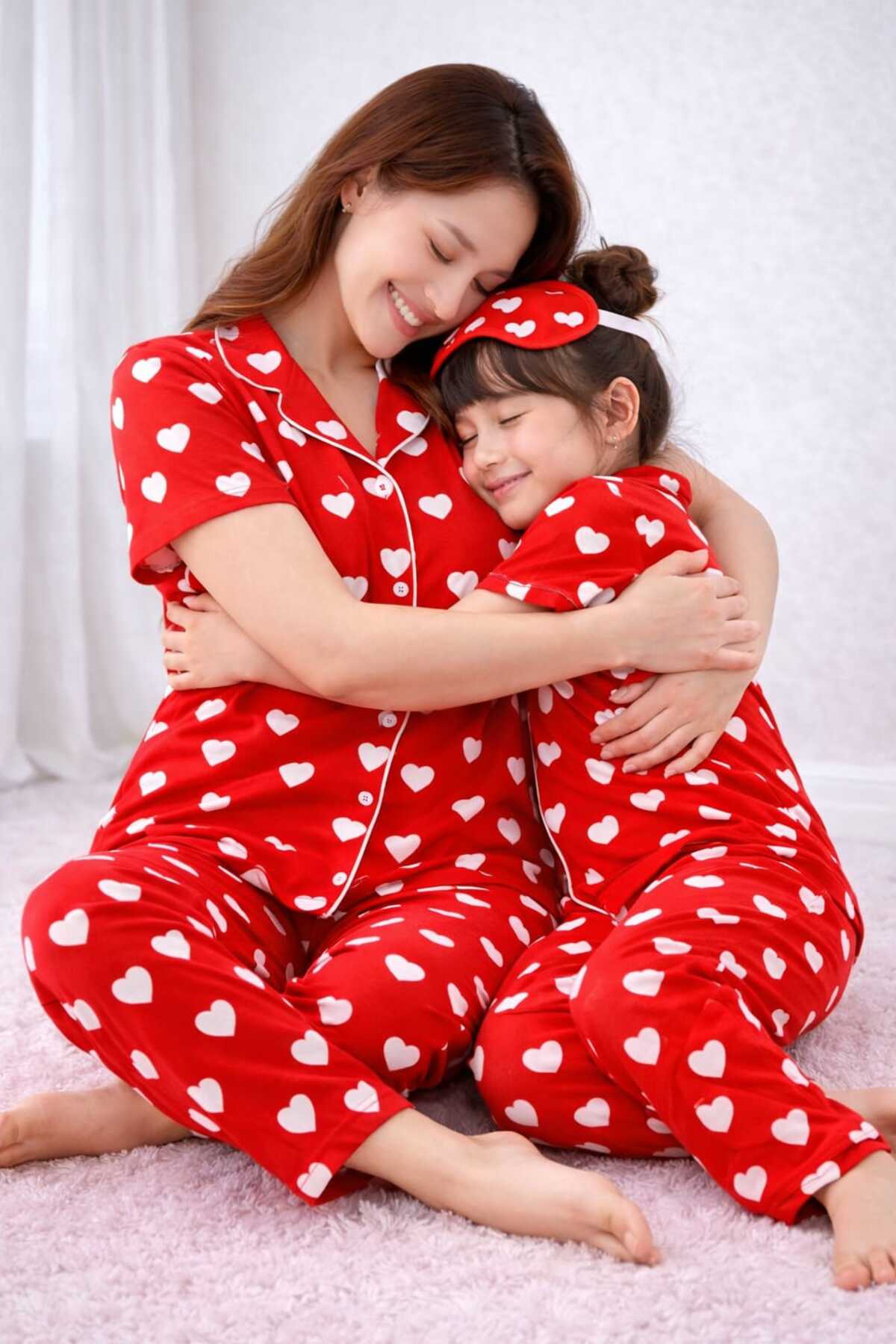 Anne kız pamuklu düğmeli uyku bantlı yazlık kısa kollu pijama takımı