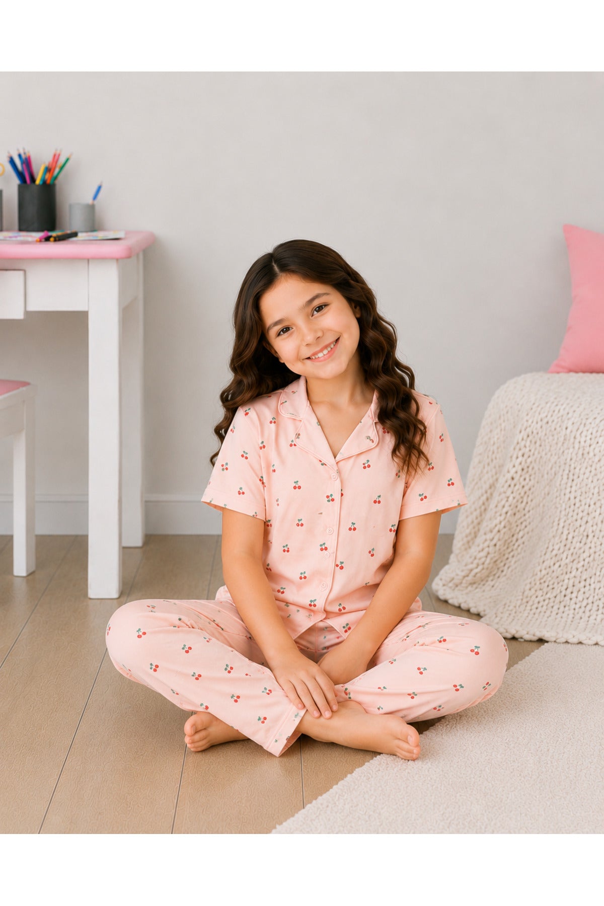 Kız çocuk pamuklu yumuşacık düğmeli yazlık kısa kollu pijama takımı