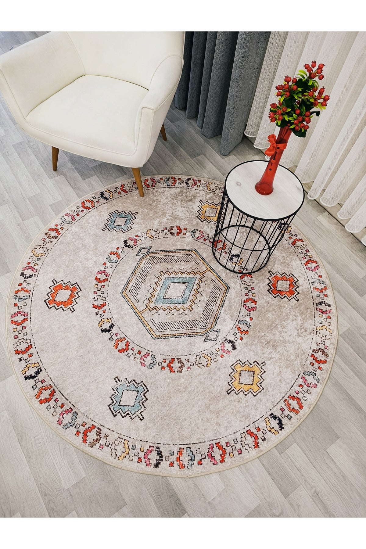 BEJ Renk Etnik Kilim Desen Kaymaz Taban Halı