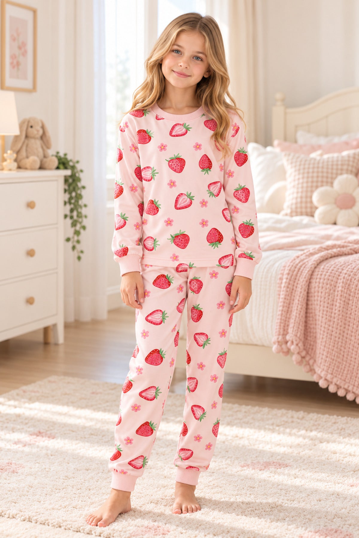 Kız çocuk %100 Pamuklu elmas kids çilek desenli uzun kollu pijama takımı