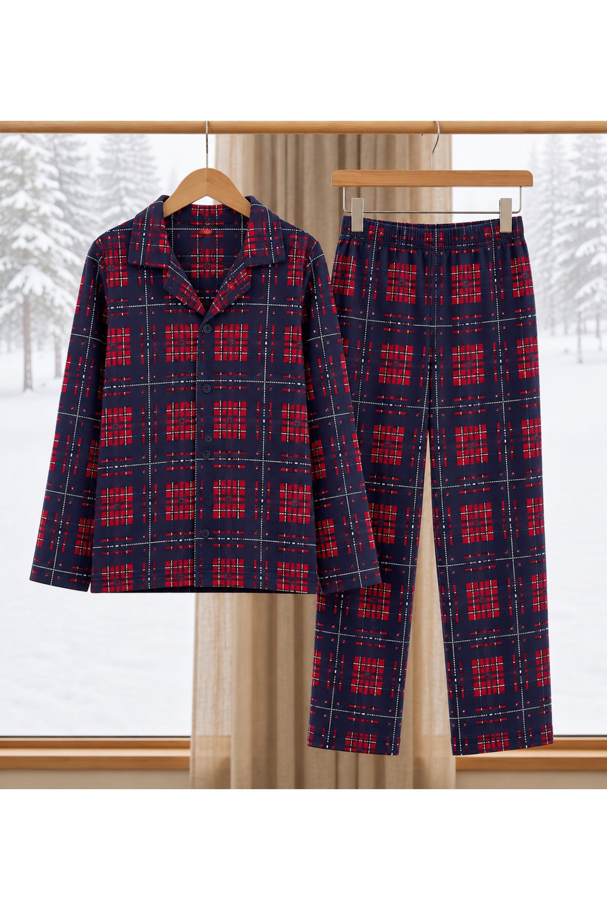 Erkek çocuk pamuklu ekose desenli düğmeli uzun kollu yumuşacık pijama takımı