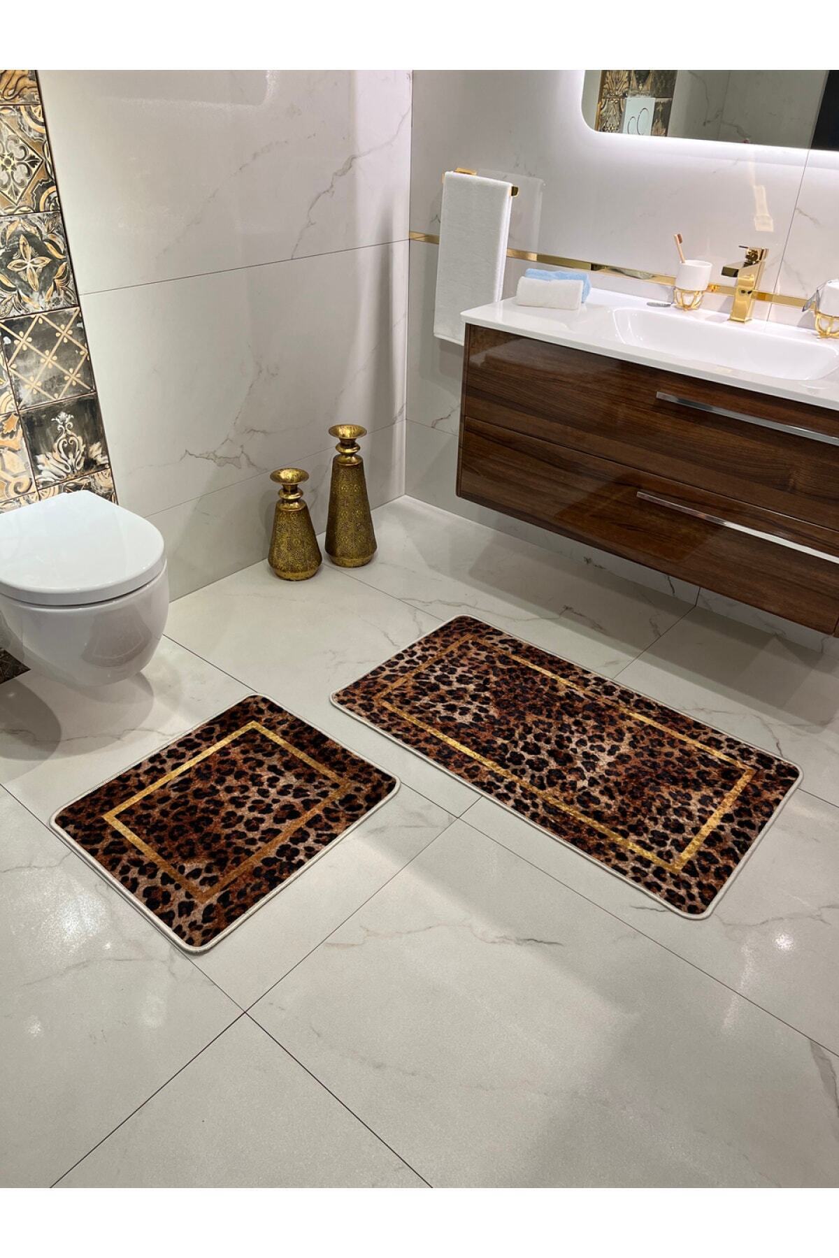 Leopar Desenli 2'li Kaymaz Taban Banyo Paspas Takımı (60x100 - 60x50)