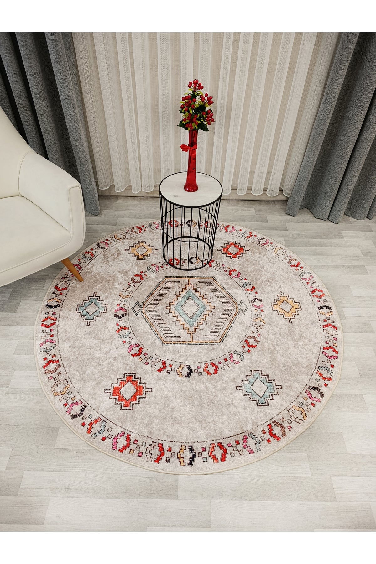 BEJ Renk Etnik Kilim Desen Kaymaz Taban Halı