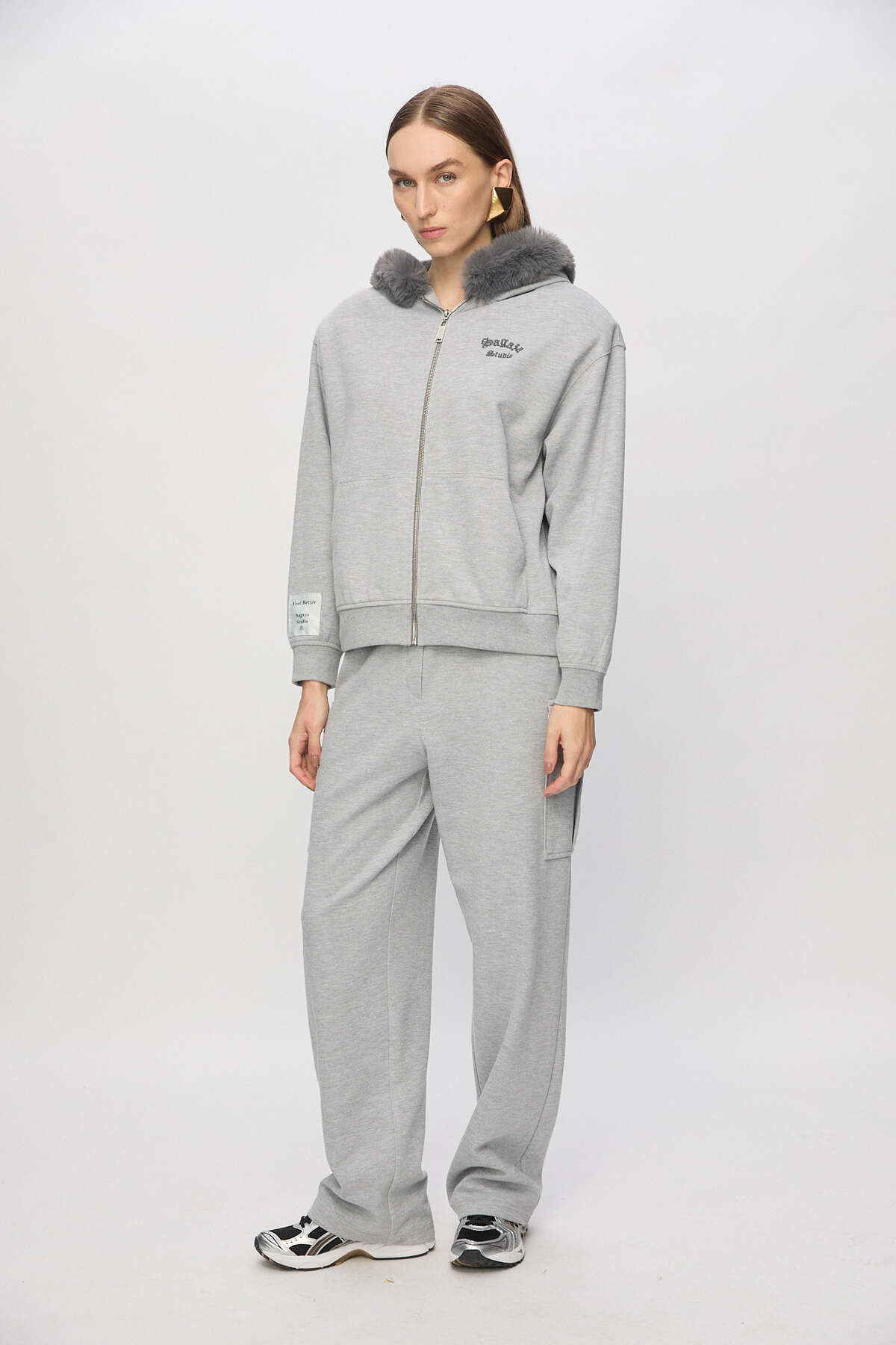 Kapşonlu kürk Detaylı Oversize Sweatshirt
